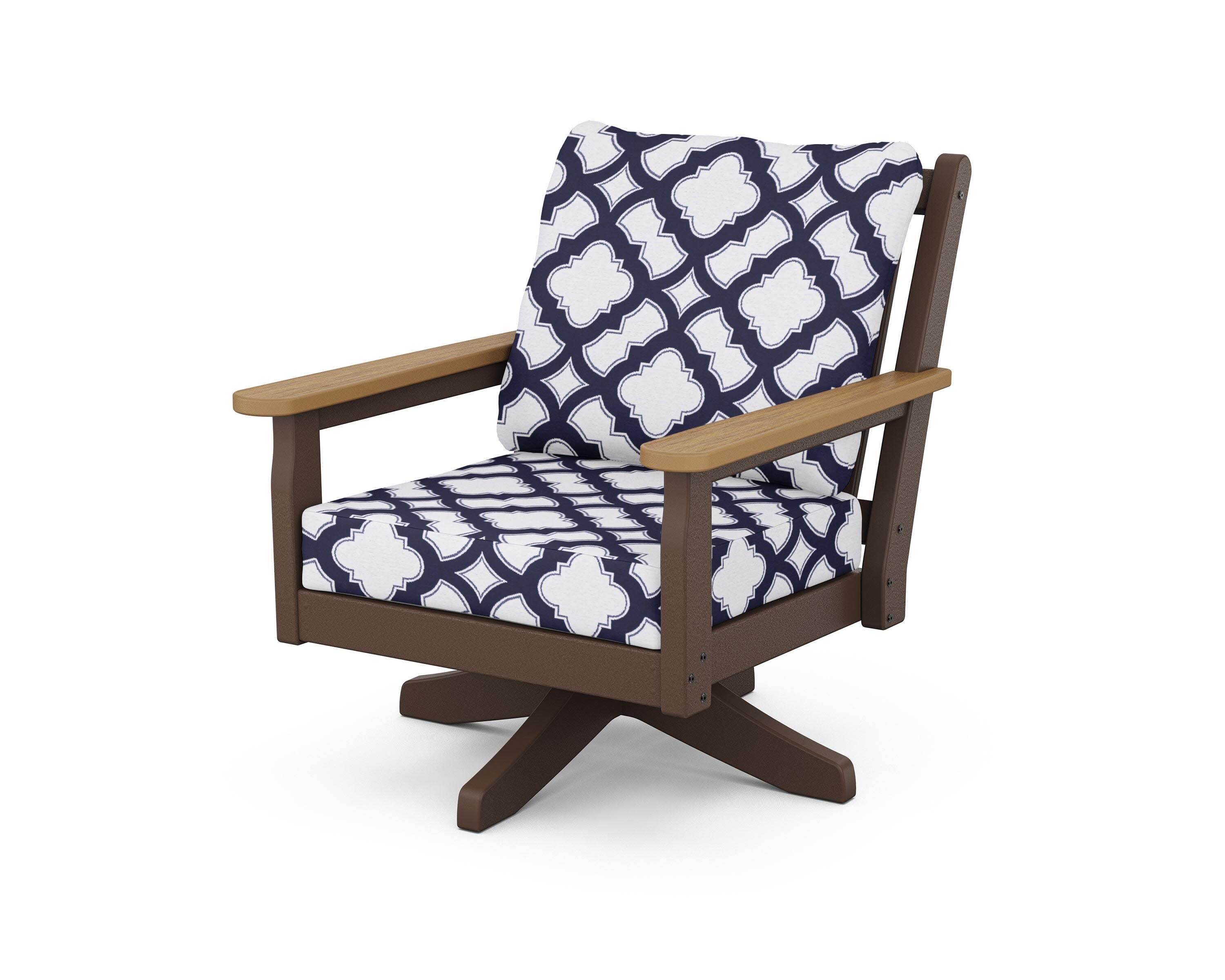 Chippendale Deep Seating Swivel Chair in Mahogany / Natural / Trellis Navy