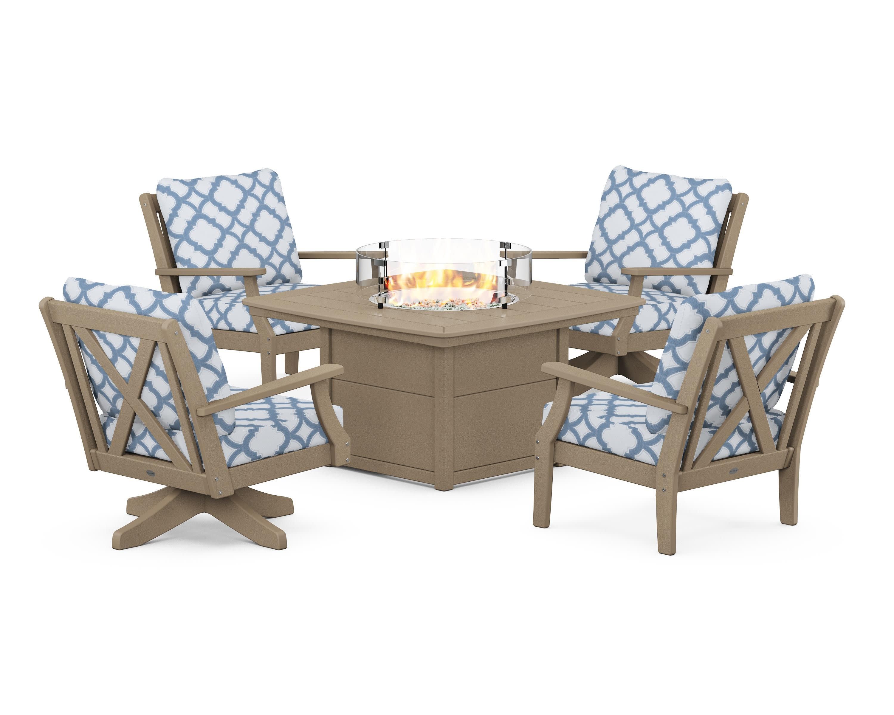 Braxton 5-Piece Deep Seating Set with Fire Table in Vintage Sahara / Trellis Sky Blue