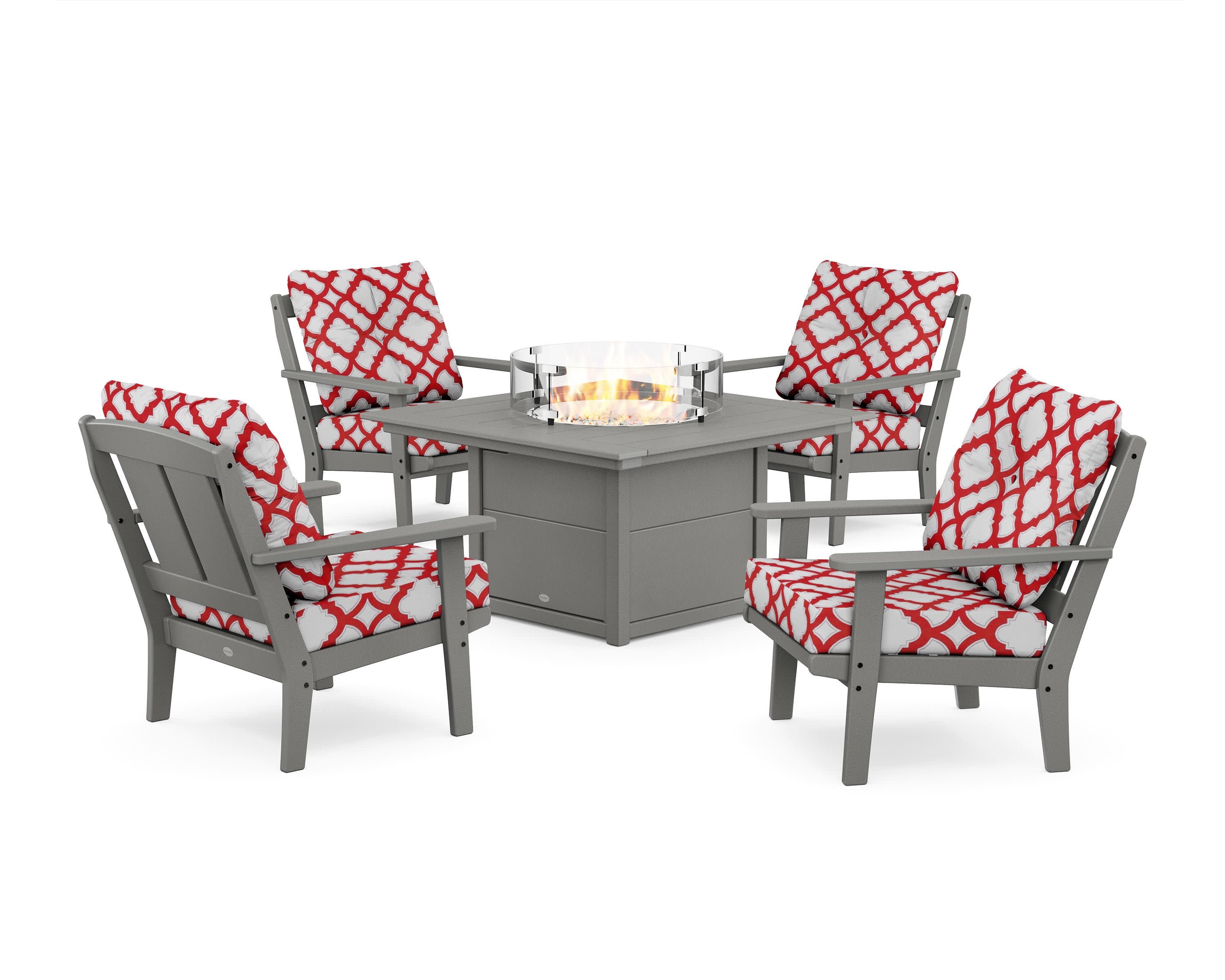 Mission 5-Piece Deep Seating Set with Fire Pit Table in Slate Grey / Trellis Crimson