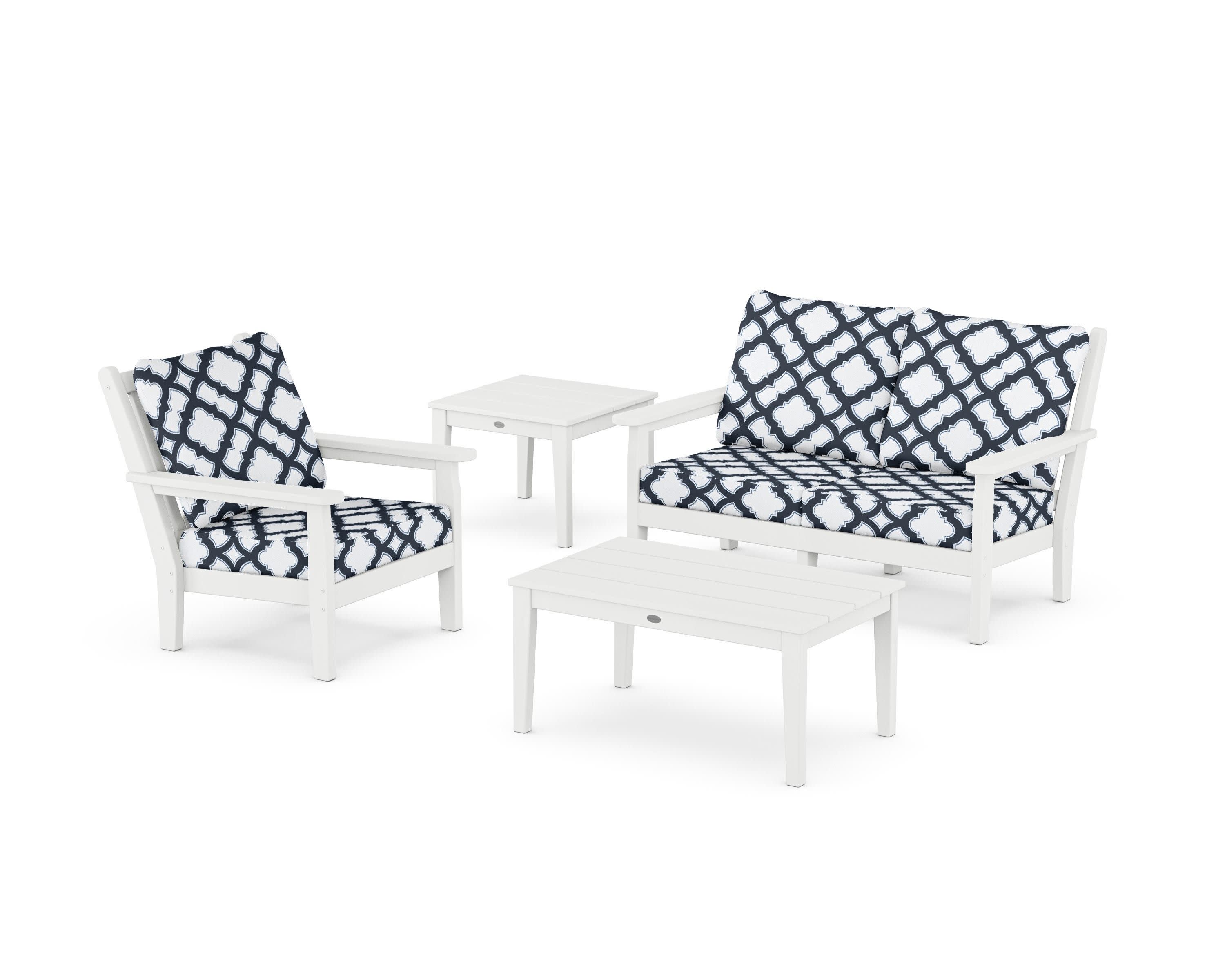 Chippendale 4-Piece Deep Seating Set in White / Trellis Marine Indigo