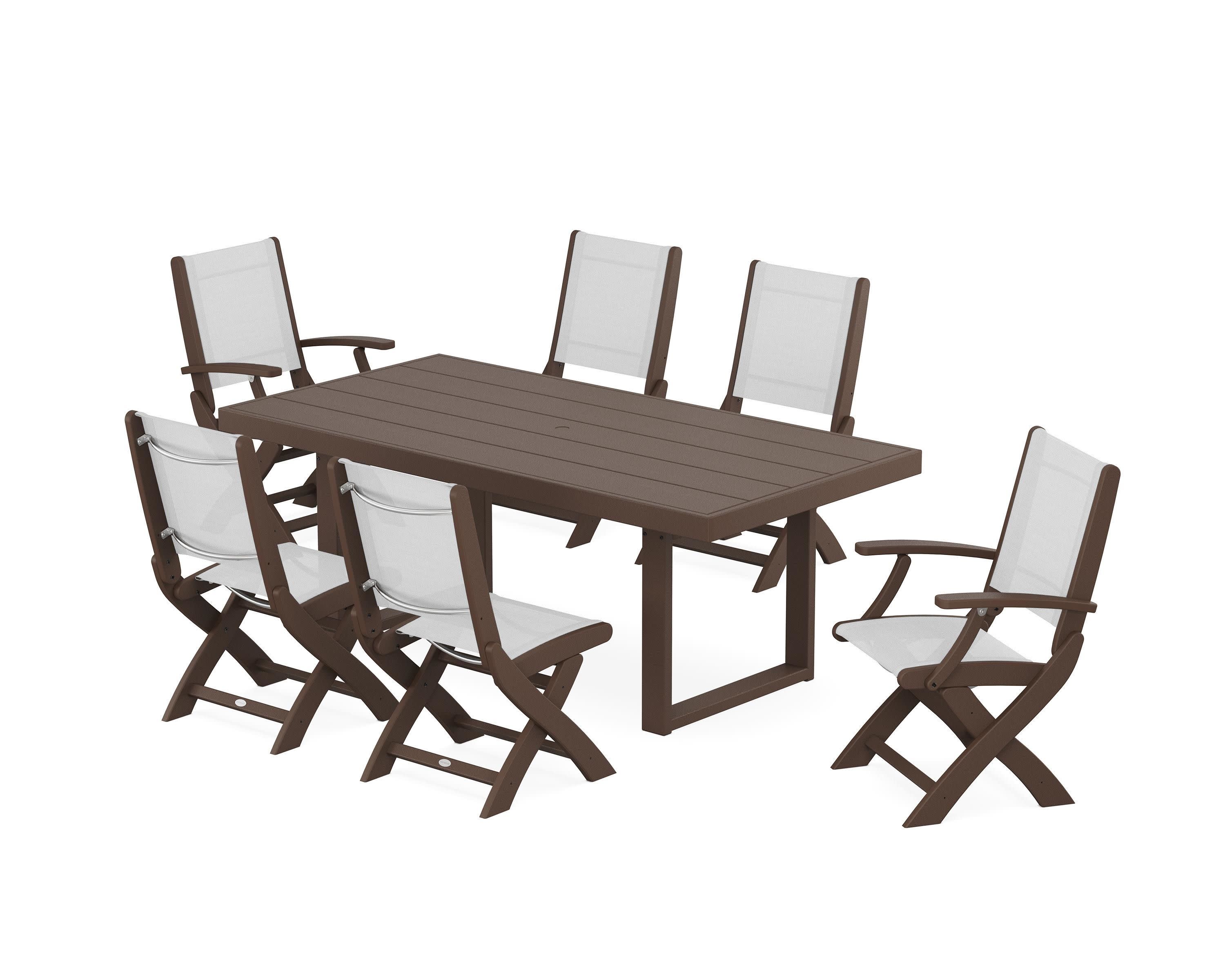Coastal Folding Chair 7-Piece Dining Set with Trestle Legs in Mahogany / White Sling