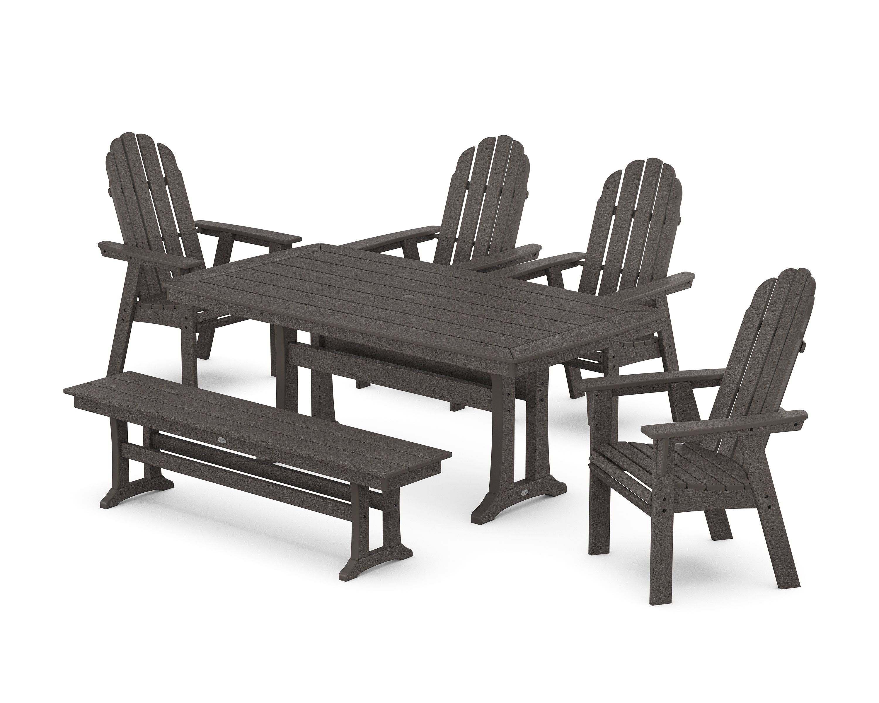 Vineyard Curveback Adirondack Chair 6-Piece Dining Set with Trestle Legs and Bench in Vintage Coffee