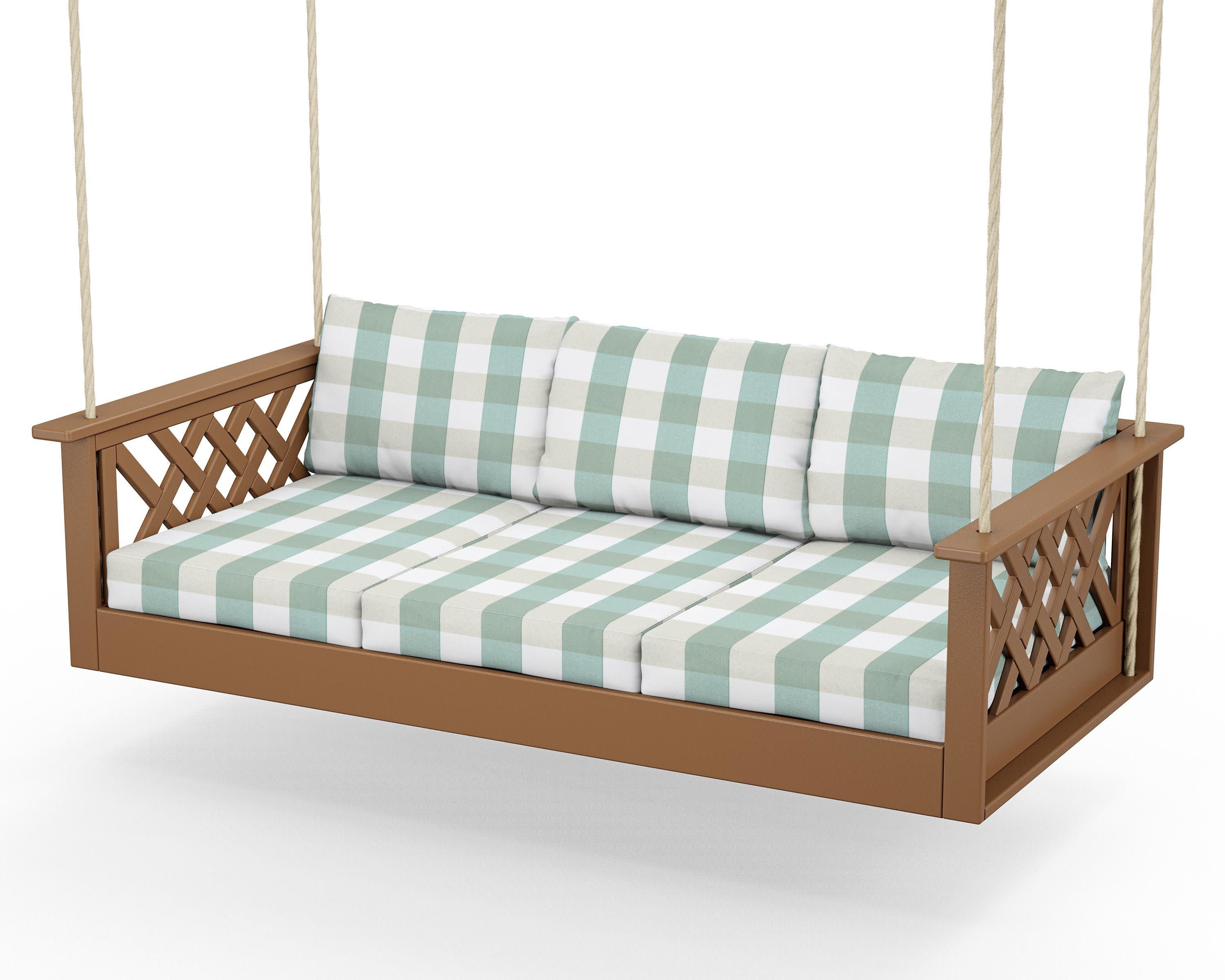 Wovendale Daybed Swing in Teak / Buffalo Plaid Glacier Spa