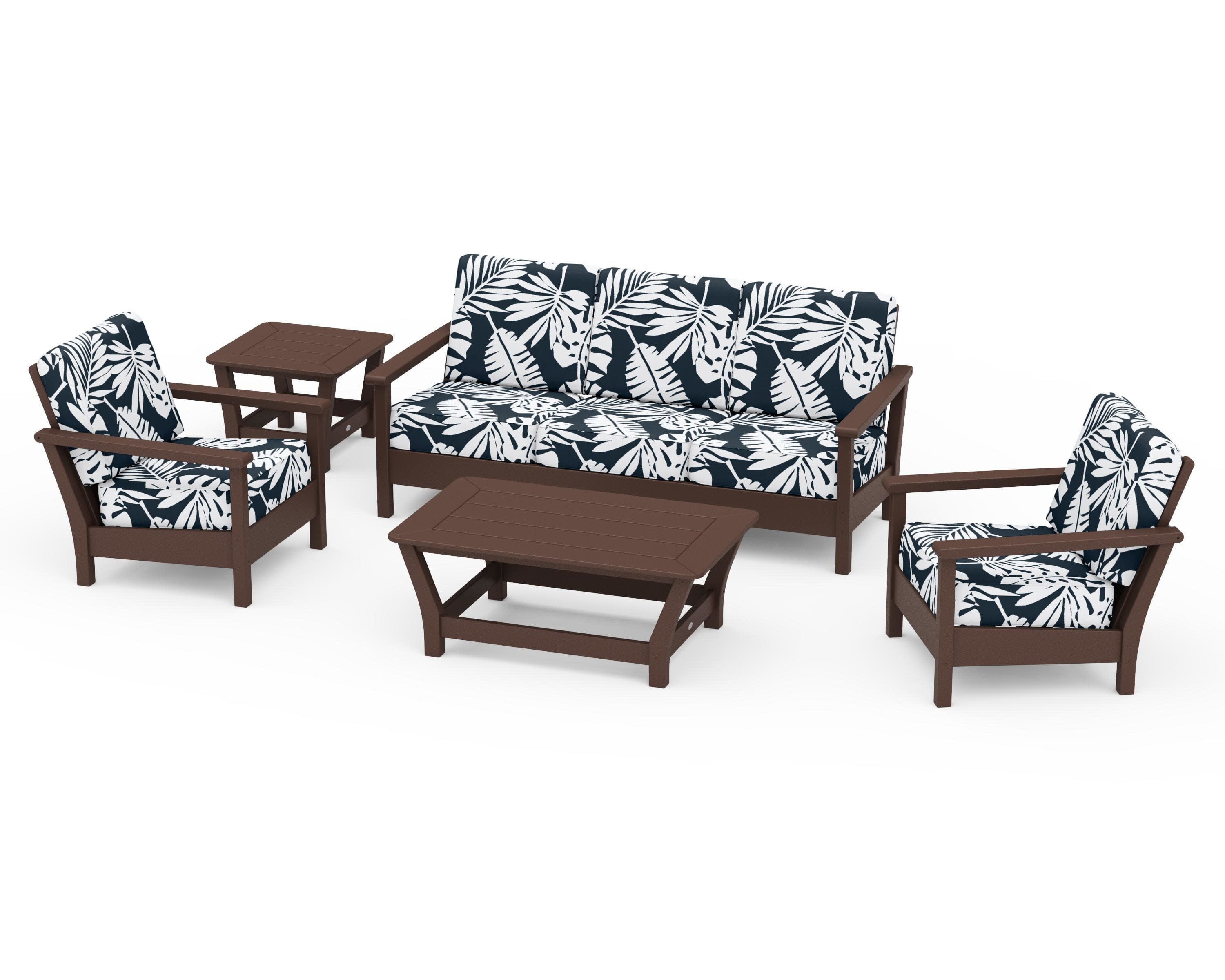 Harbour 5-Piece Deep Seating Set in Mahogany / Leaf Marine Indigo