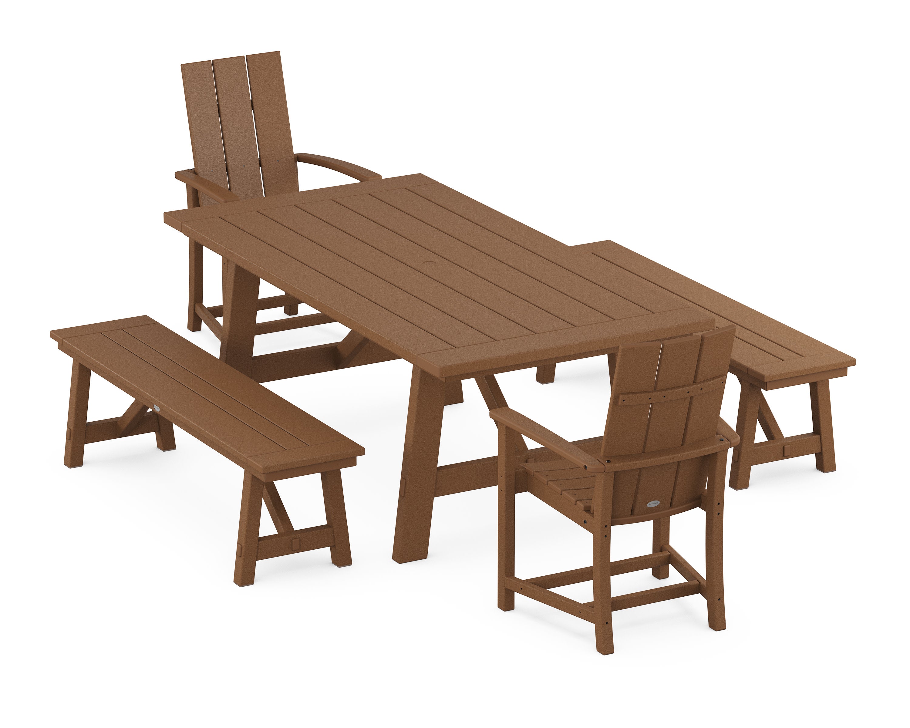 Modern Adirondack 5-Piece Rustic Farmhouse Dining Set With Benches in Teak