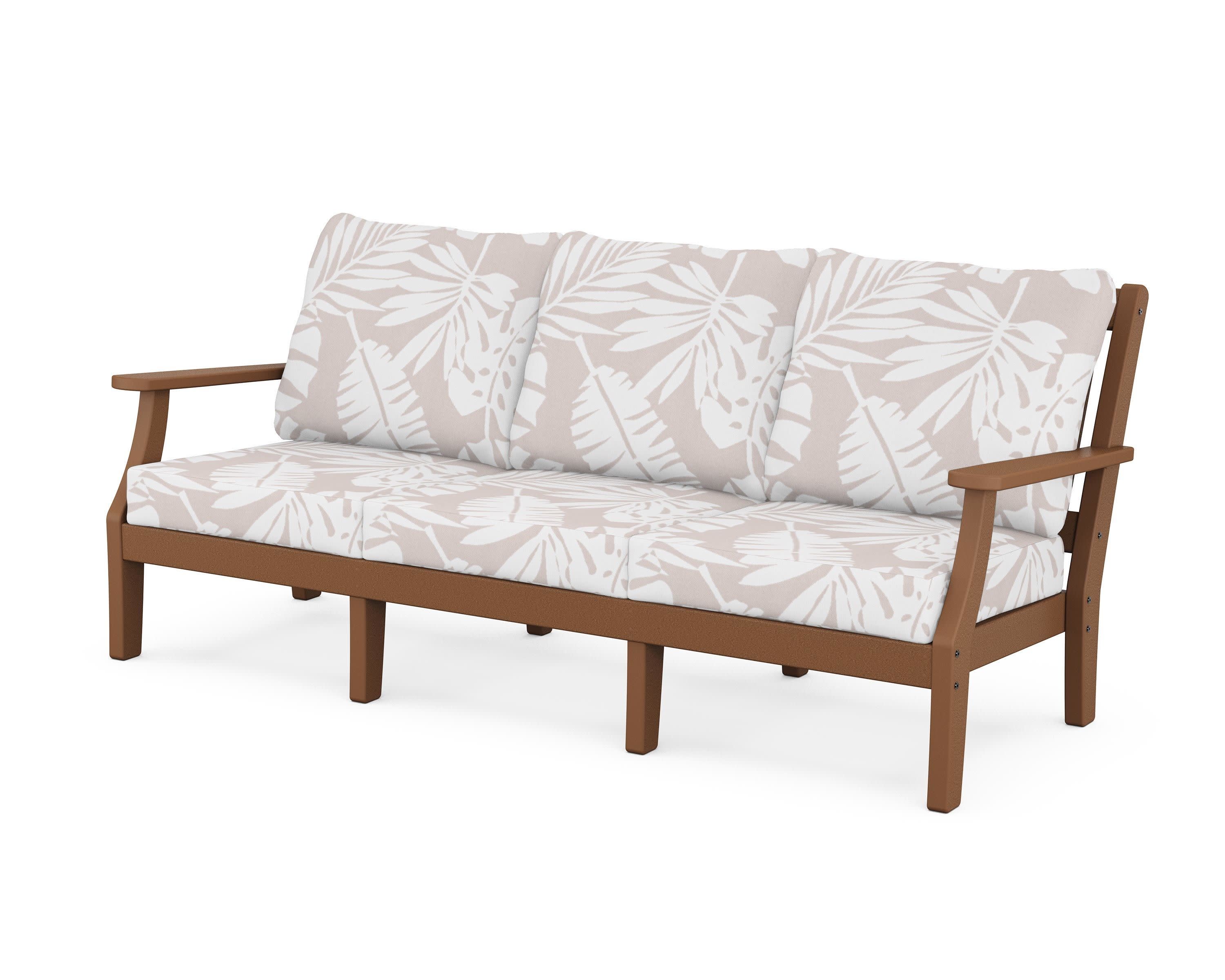 Chinoiserie Deep Seating Sofa in Teak / Leaf Dune Burlap