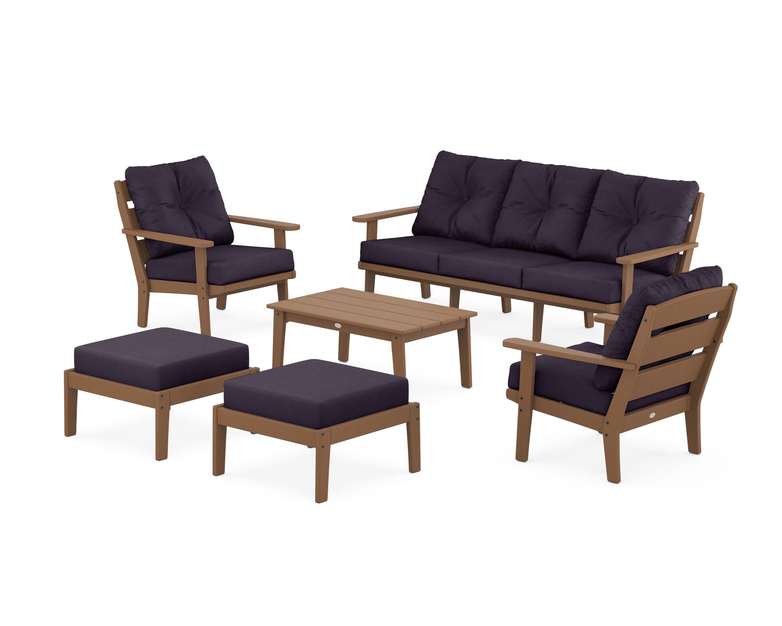 Lakeside 6-Piece Lounge Sofa Set in Teak / Navy Linen
