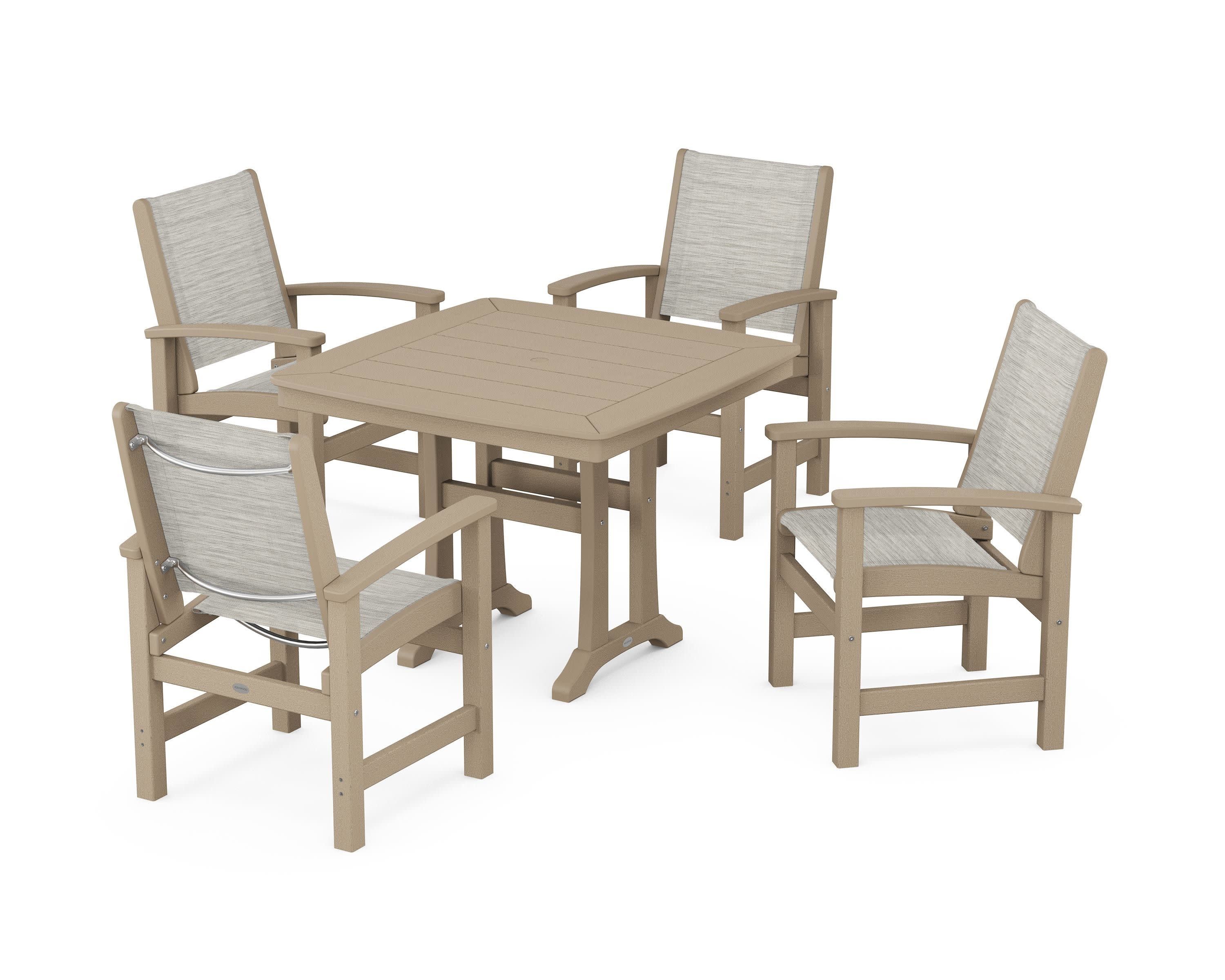 Coastal 5-Piece Dining Set with Trestle Legs in Vintage Sahara / Birch Sling