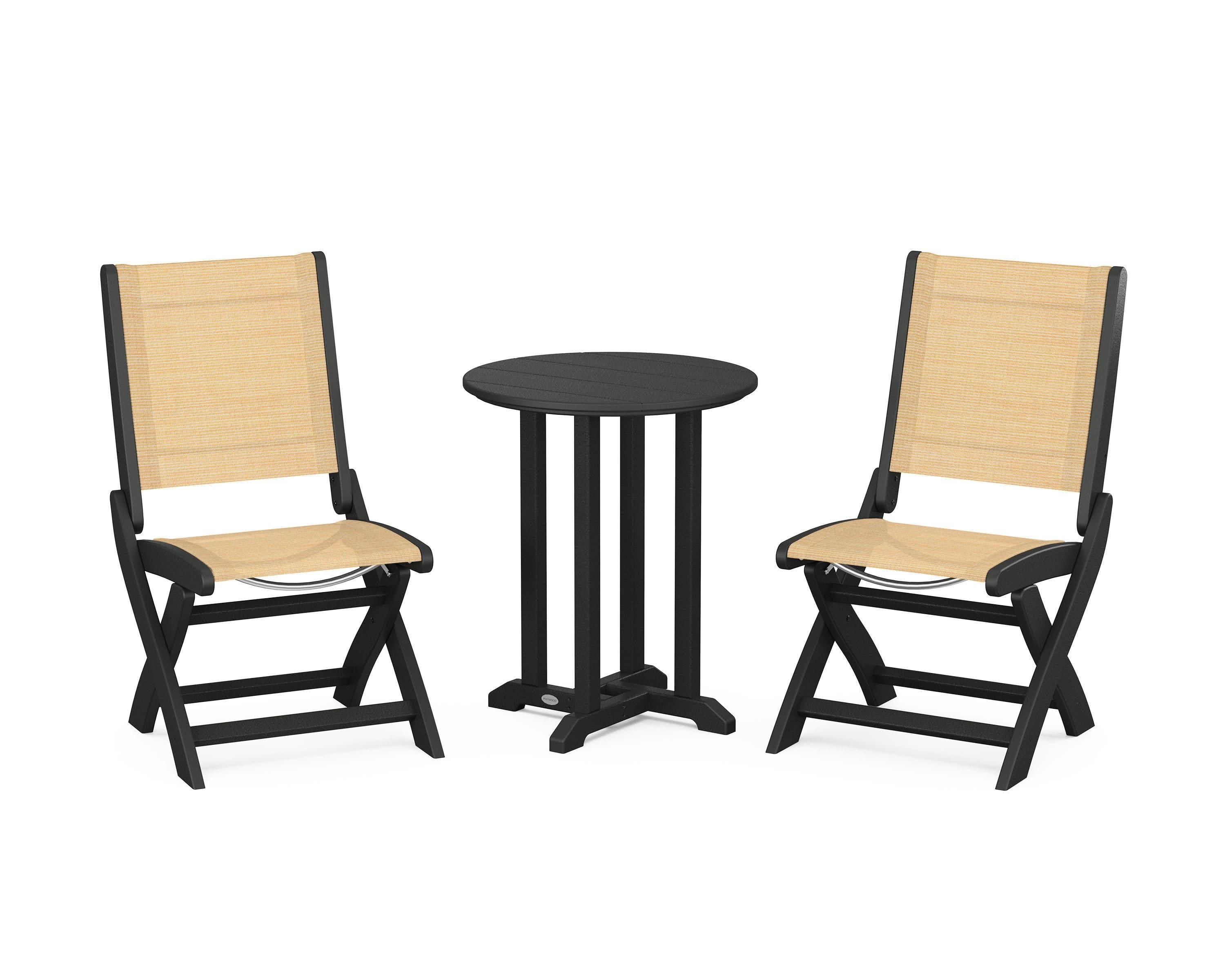 Coastal Folding Side Chair 3-Piece Round Bistro Dining Set in Black / Dupioni Apricot Sling