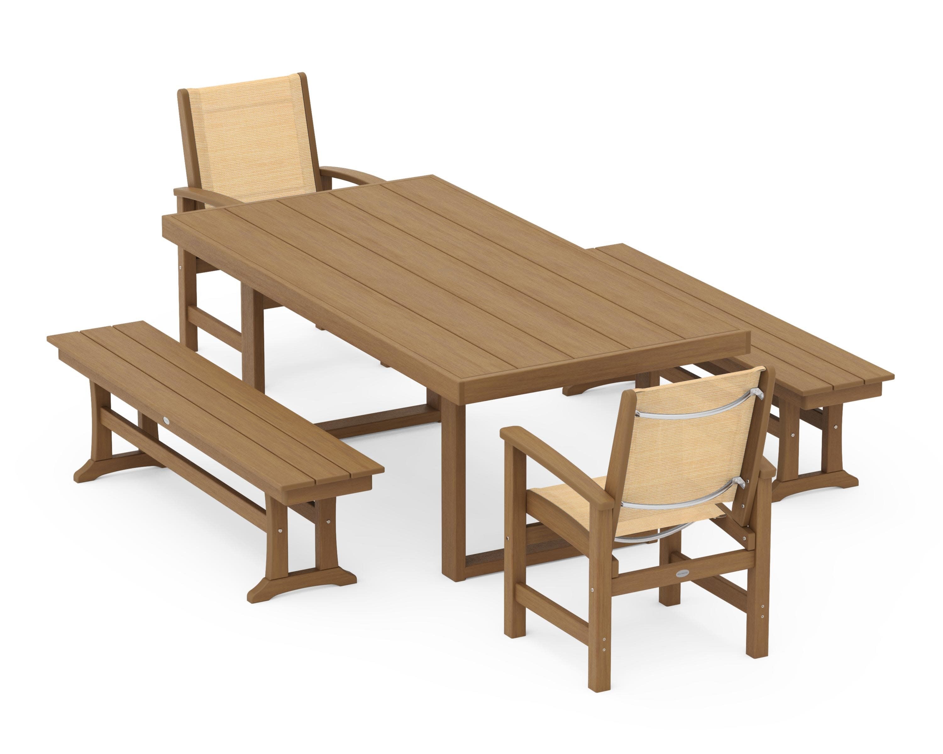 Coastal 5-Piece Dining Set with Trestle Legs in Natural / Dupioni Apricot Sling