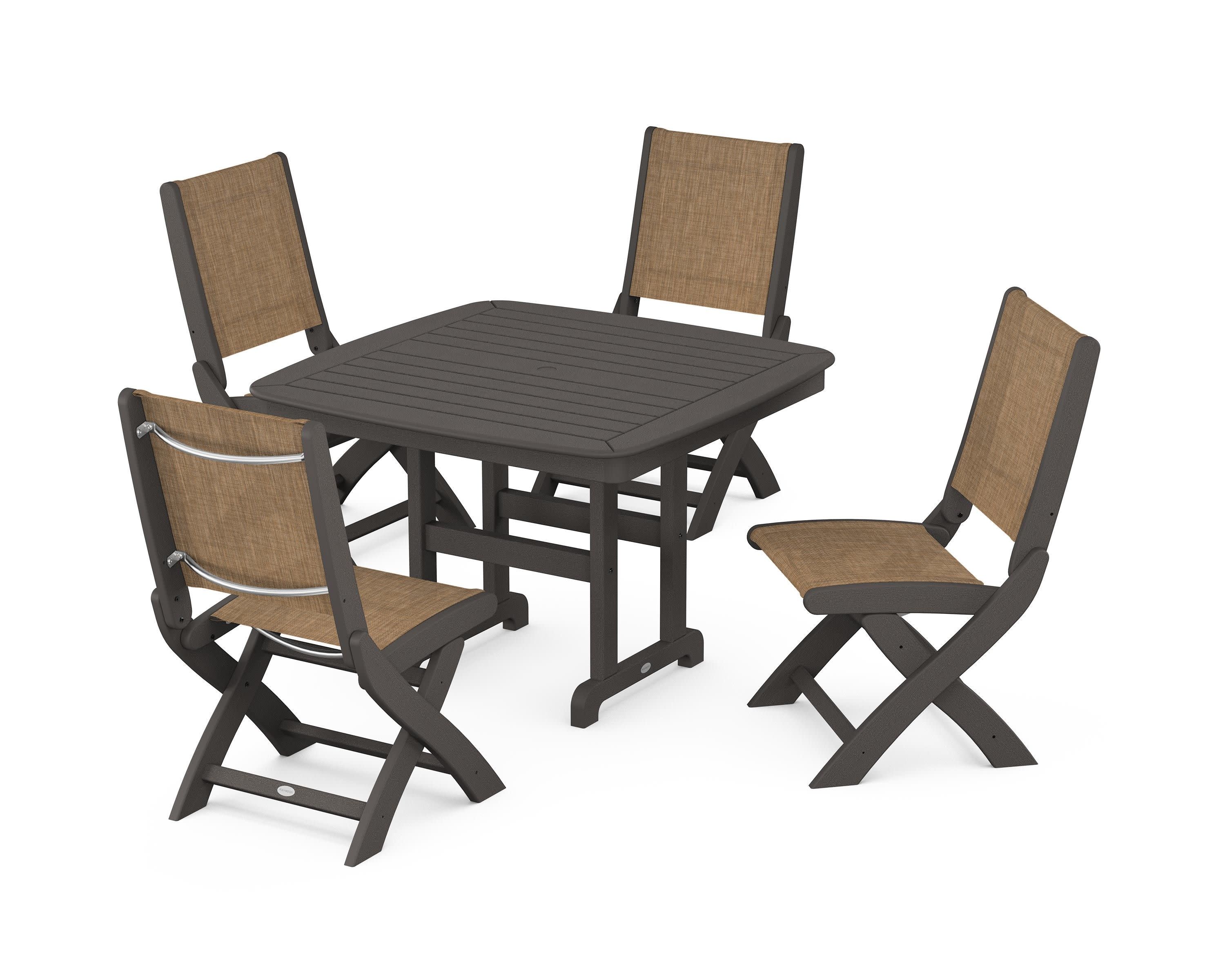 Coastal Folding Side Chair 5-Piece Dining Set in Vintage Coffee / Burlap Sling