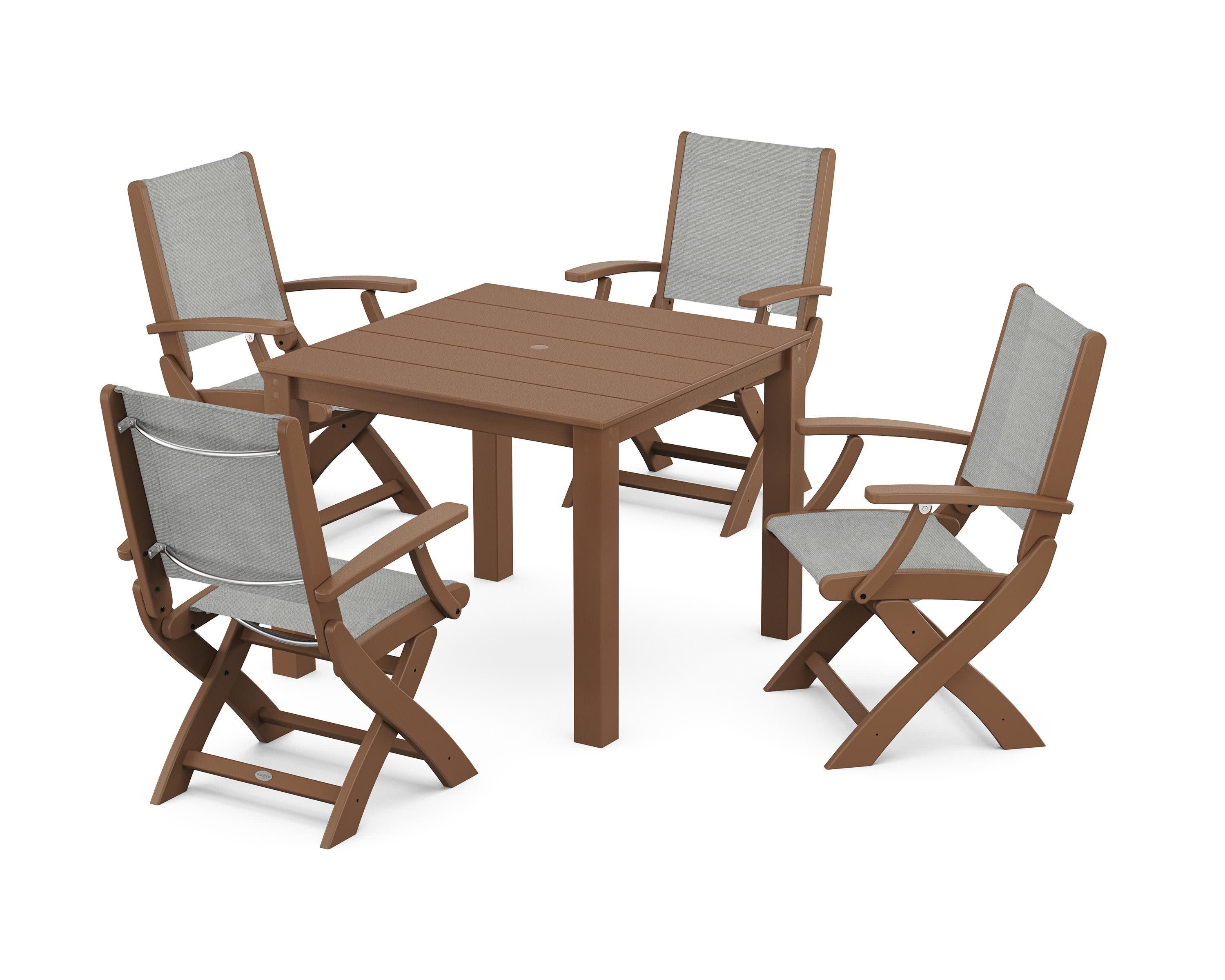 Coastal Folding Chair 5-Piece Parsons Dining Set in Teak / Metallic Sling
