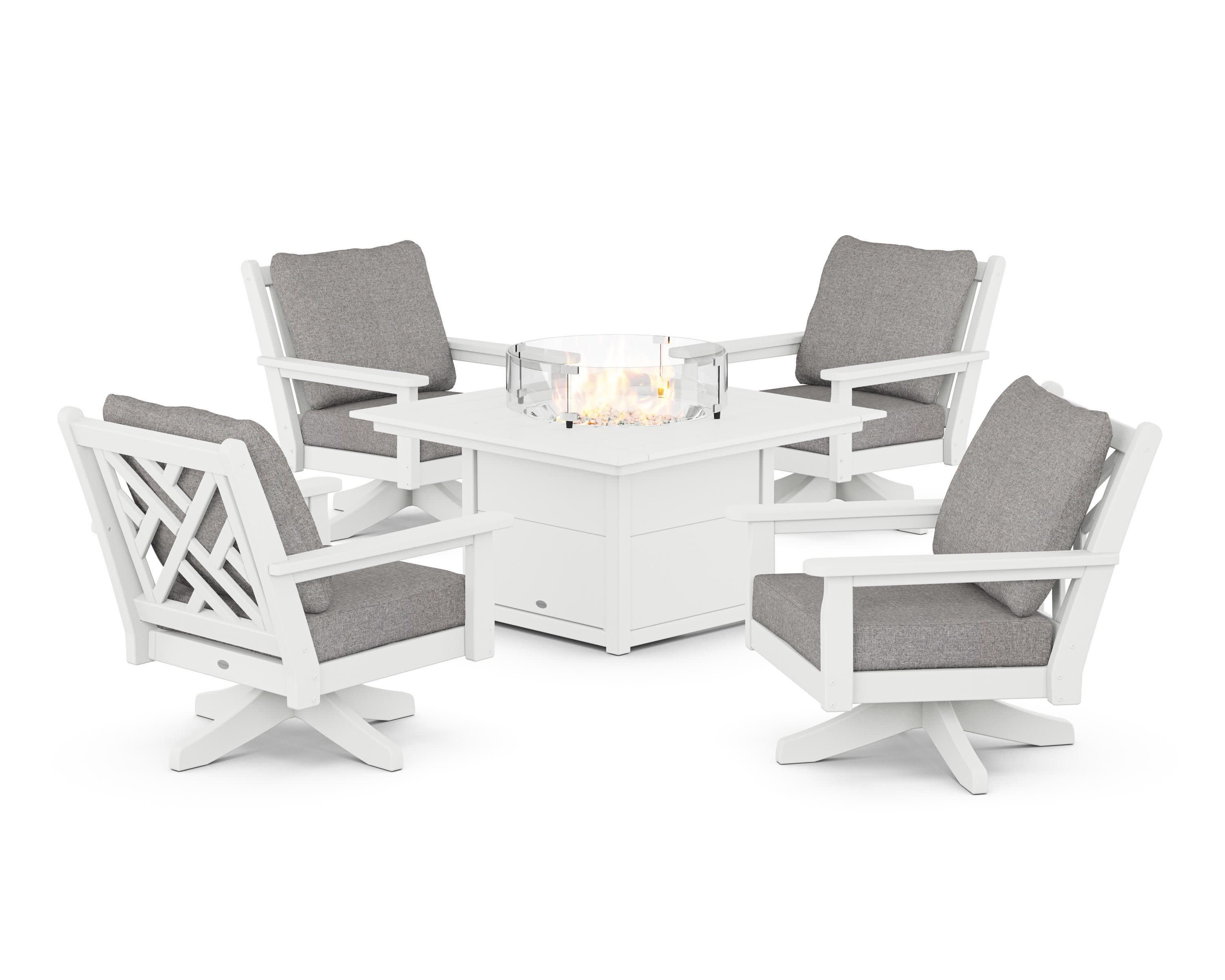 Chippendale 5-Piece Deep Seating Swivel Conversation Set with Fire Pit Table in White / Grey Mist