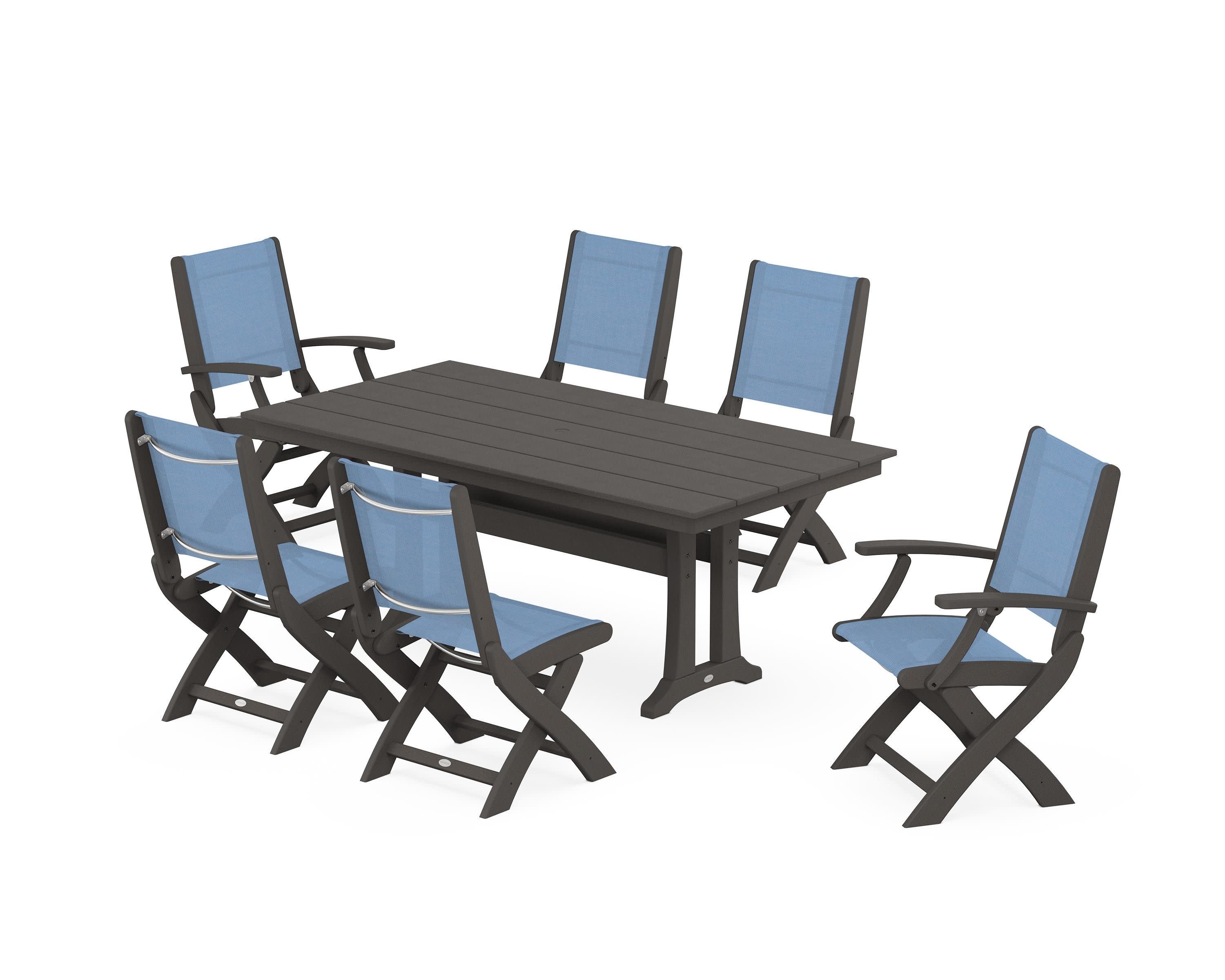 Coastal Folding Chair 7-Piece Farmhouse Dining Set with Trestle Legs in Vintage Coffee / Poolside Sling