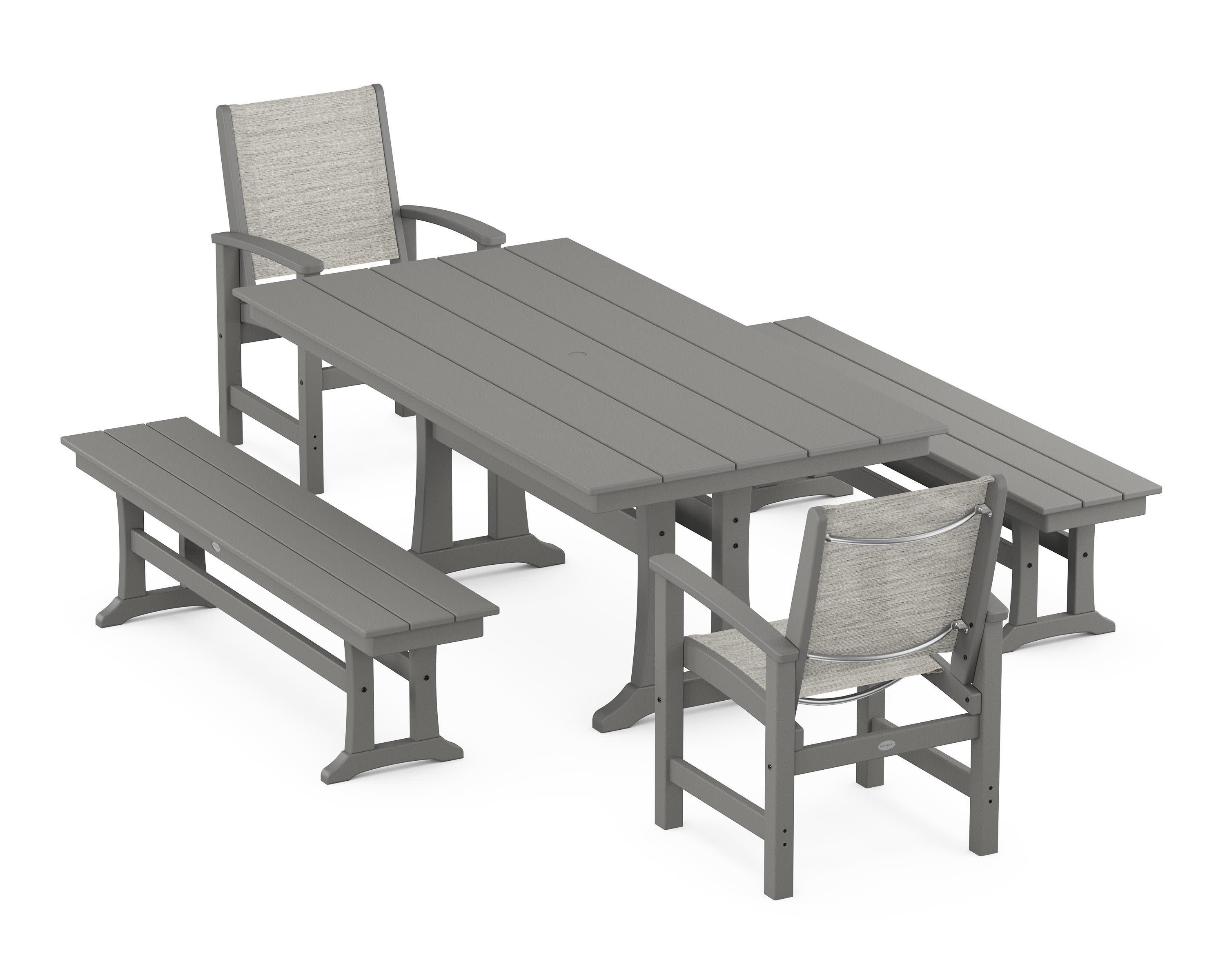 Coastal 5-Piece Farmhouse Dining Set with Trestle Legs and Benches in Slate Grey / Birch Sling