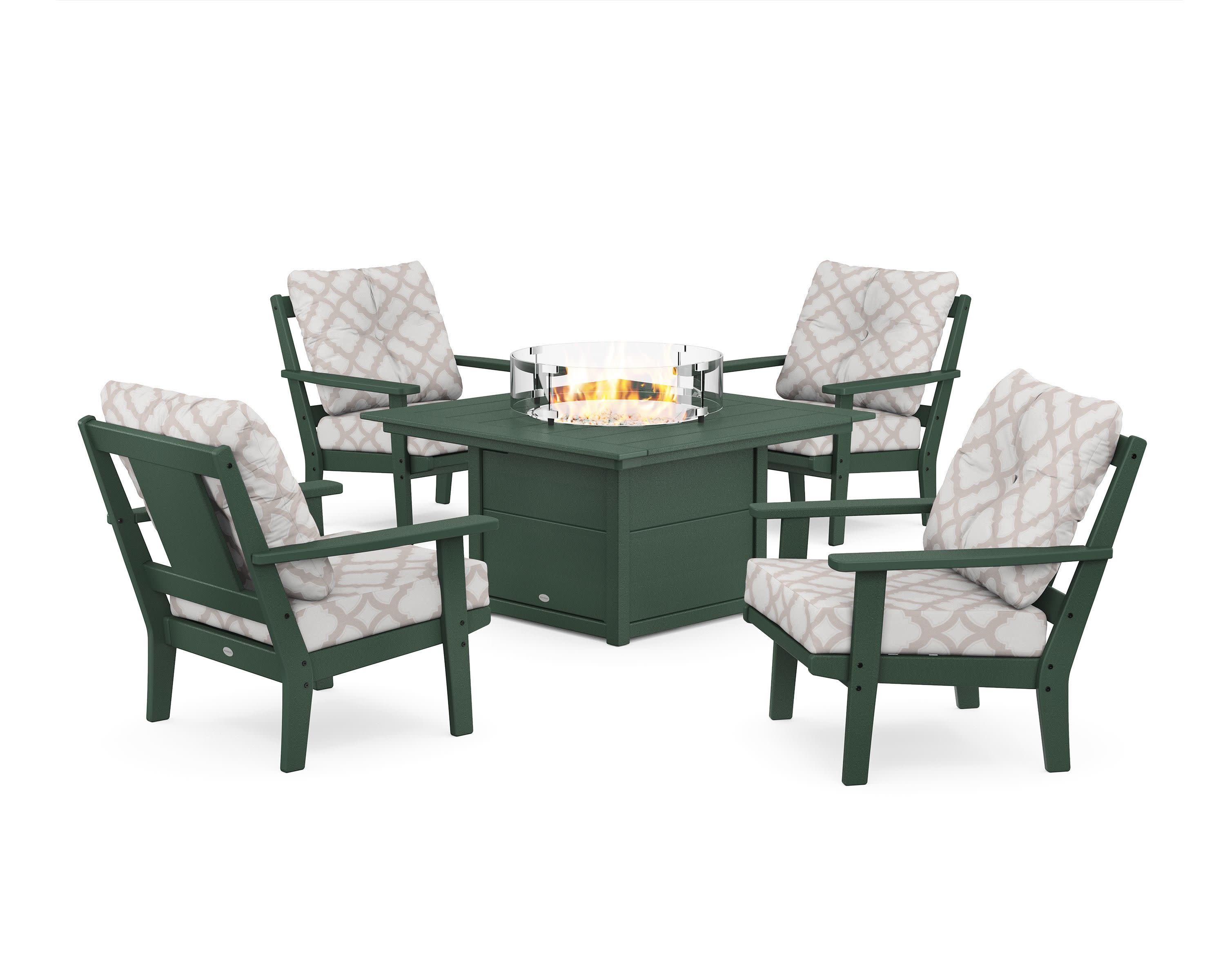 Prairie 5-Piece Deep Seating Set with Fire Pit Table in Green / Trellis Dune Burlap