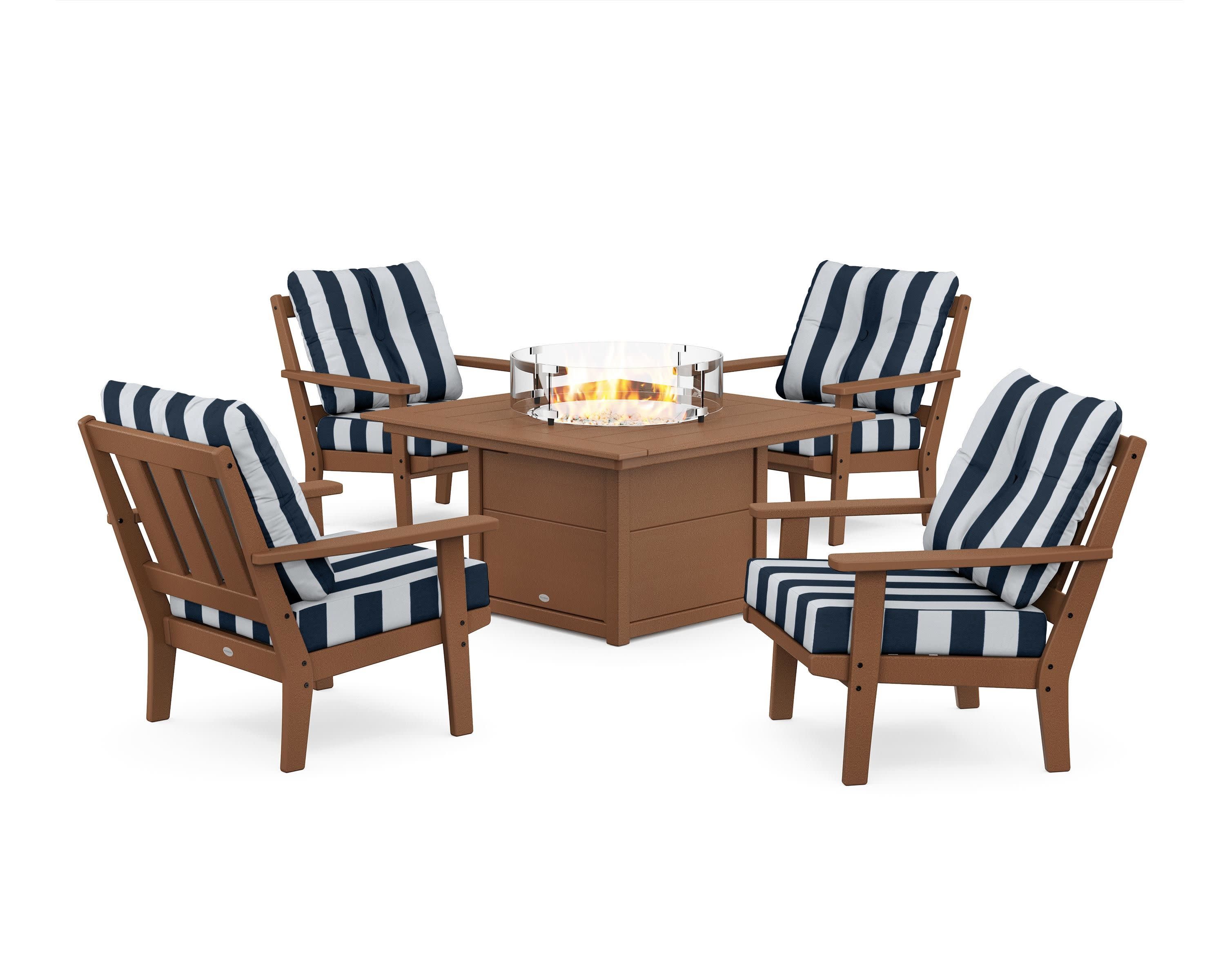 Oxford 5-Piece Deep Seating Set with Fire Pit Table in Teak / Cabana Stripe Marine Indigo