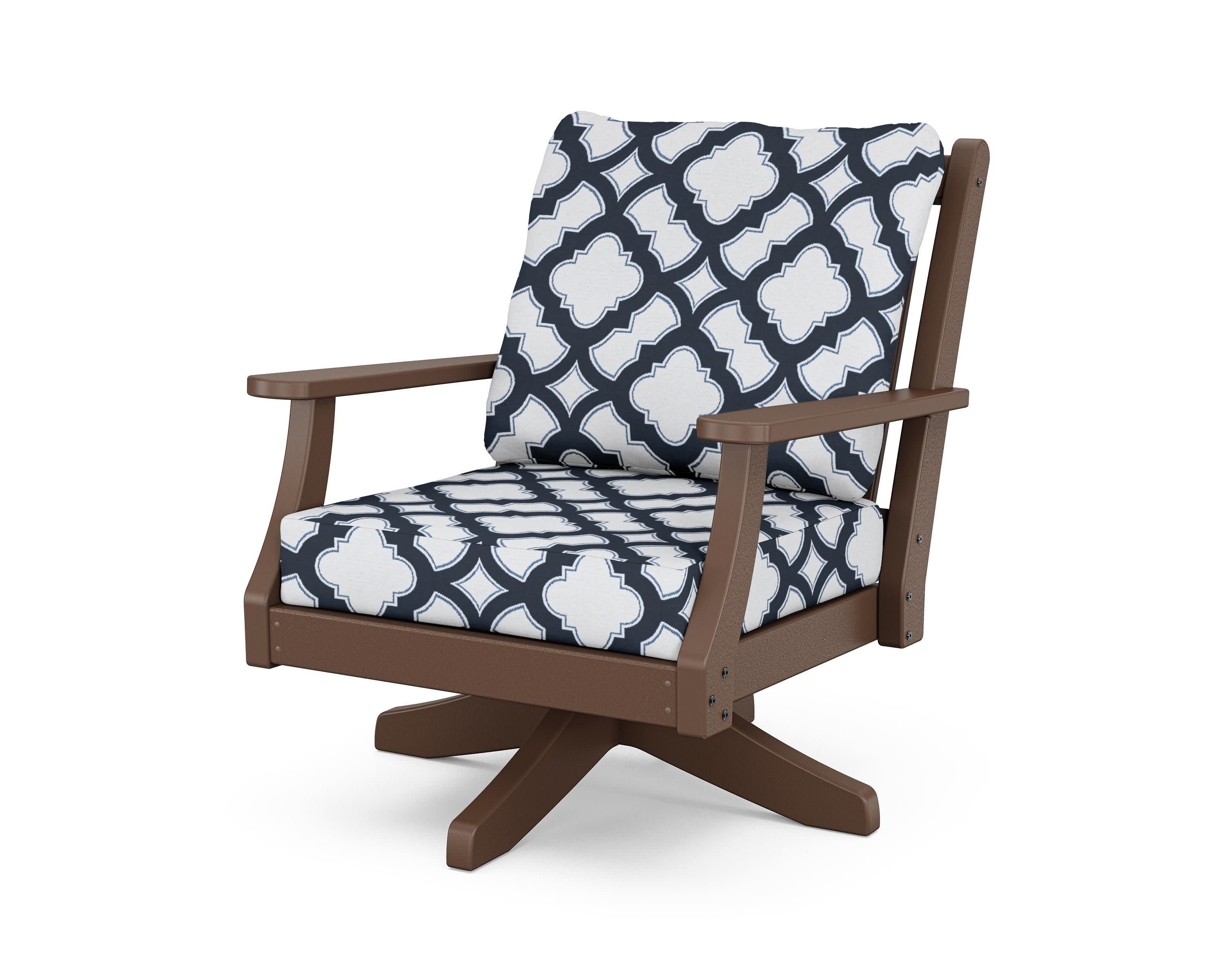 Wovendale Deep Seating Swivel Chair in Mahogany / Trellis Marine Indigo