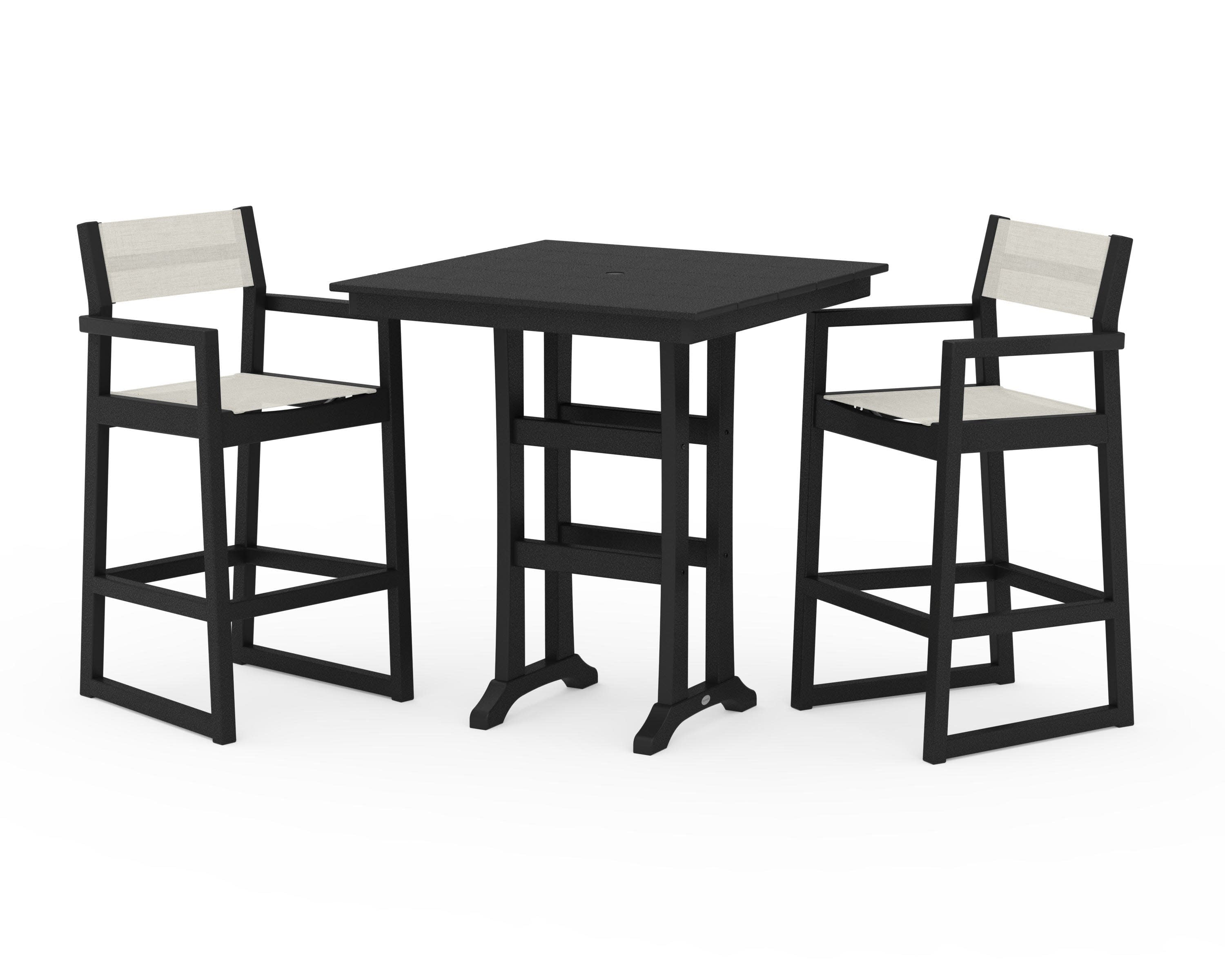 EDGE Sling Arm Chair 3-Piece Farmhouse Bar Set with Trestle Legs in Black / Parchment Sling