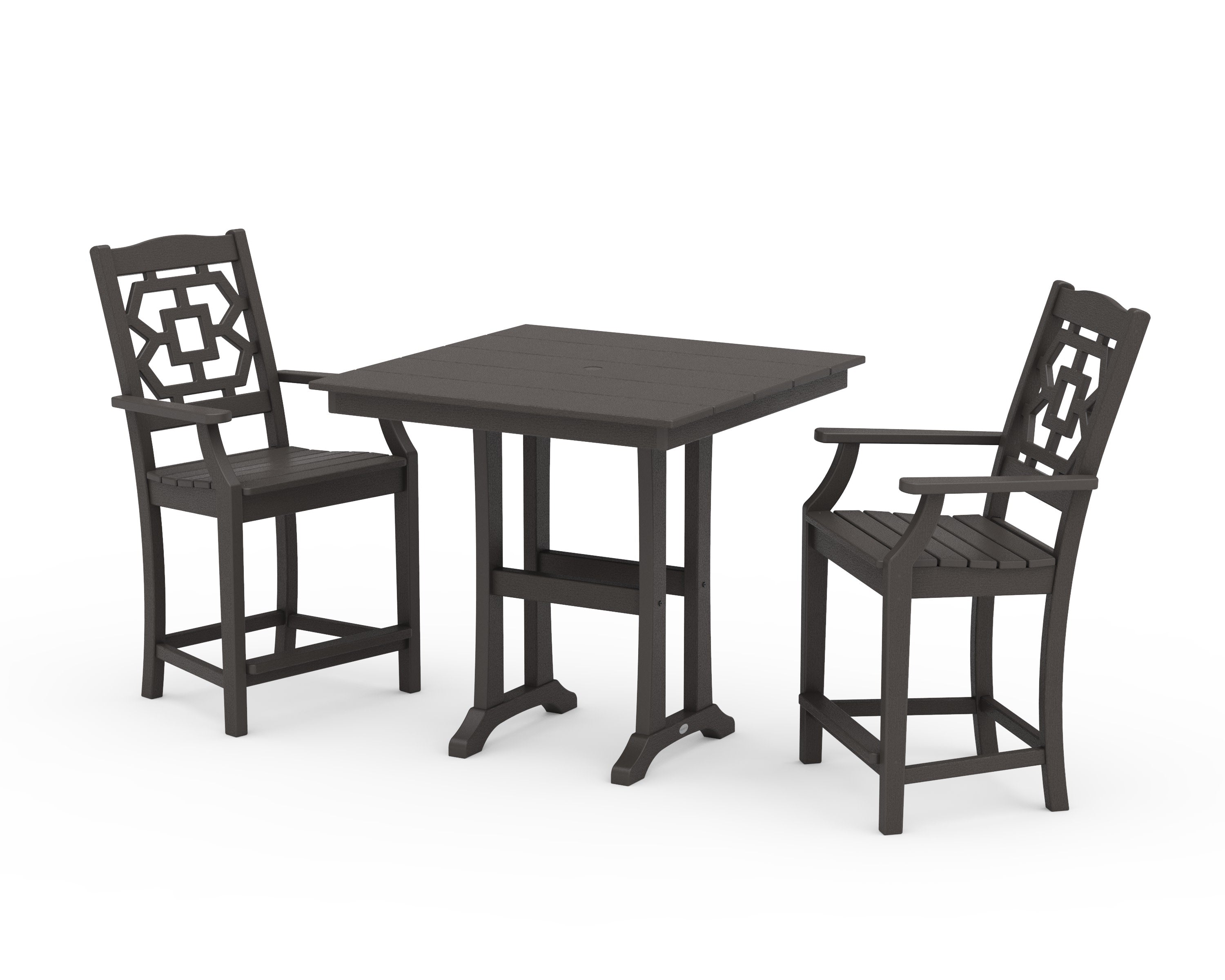 Chinoiserie 3-Piece Farmhouse Counter Set with Trestle Legs in Vintage Coffee