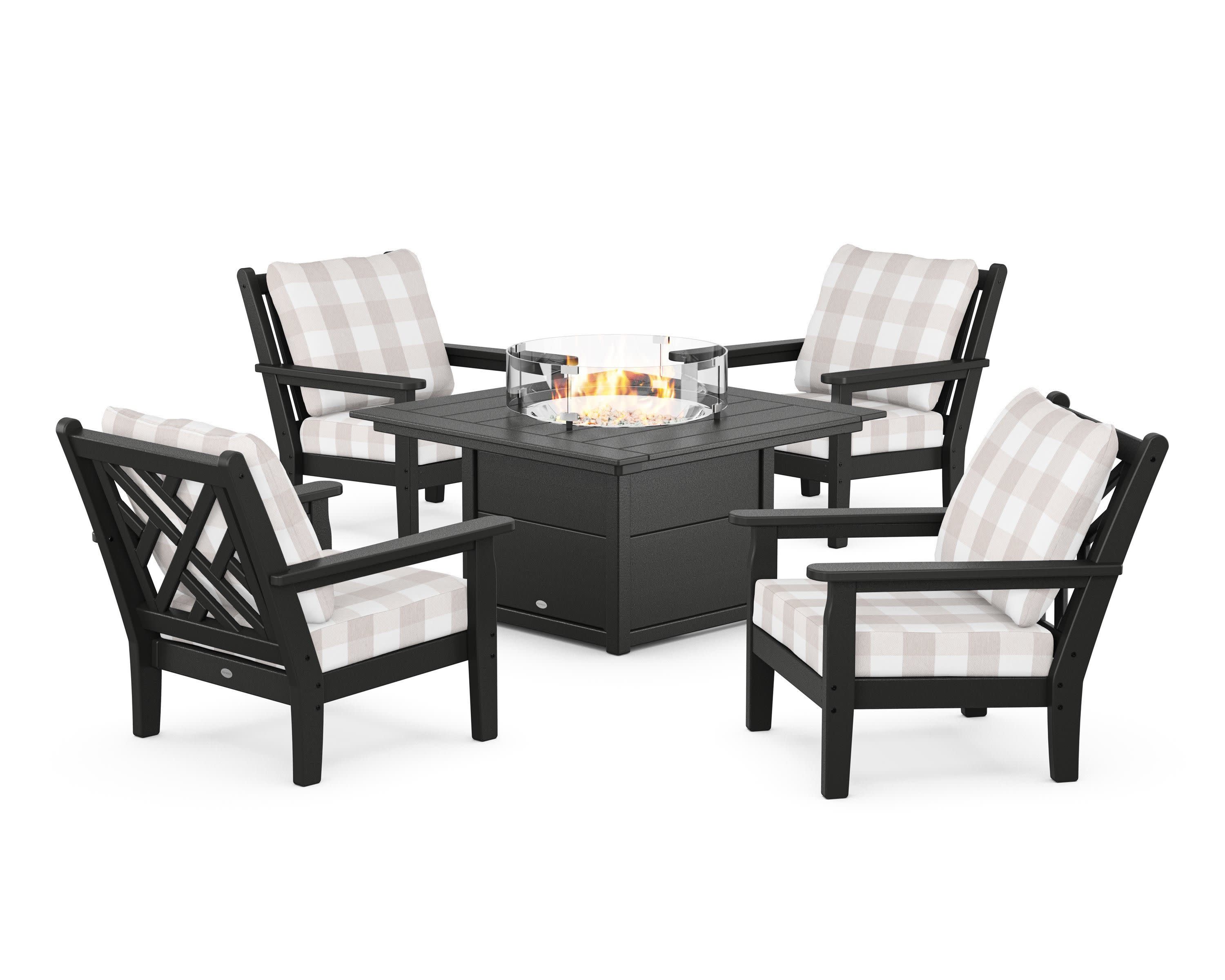 Chippendale 5-Piece Deep Seating Set with Fire Pit Table in Black / Buffalo Plaid Dune Burlap