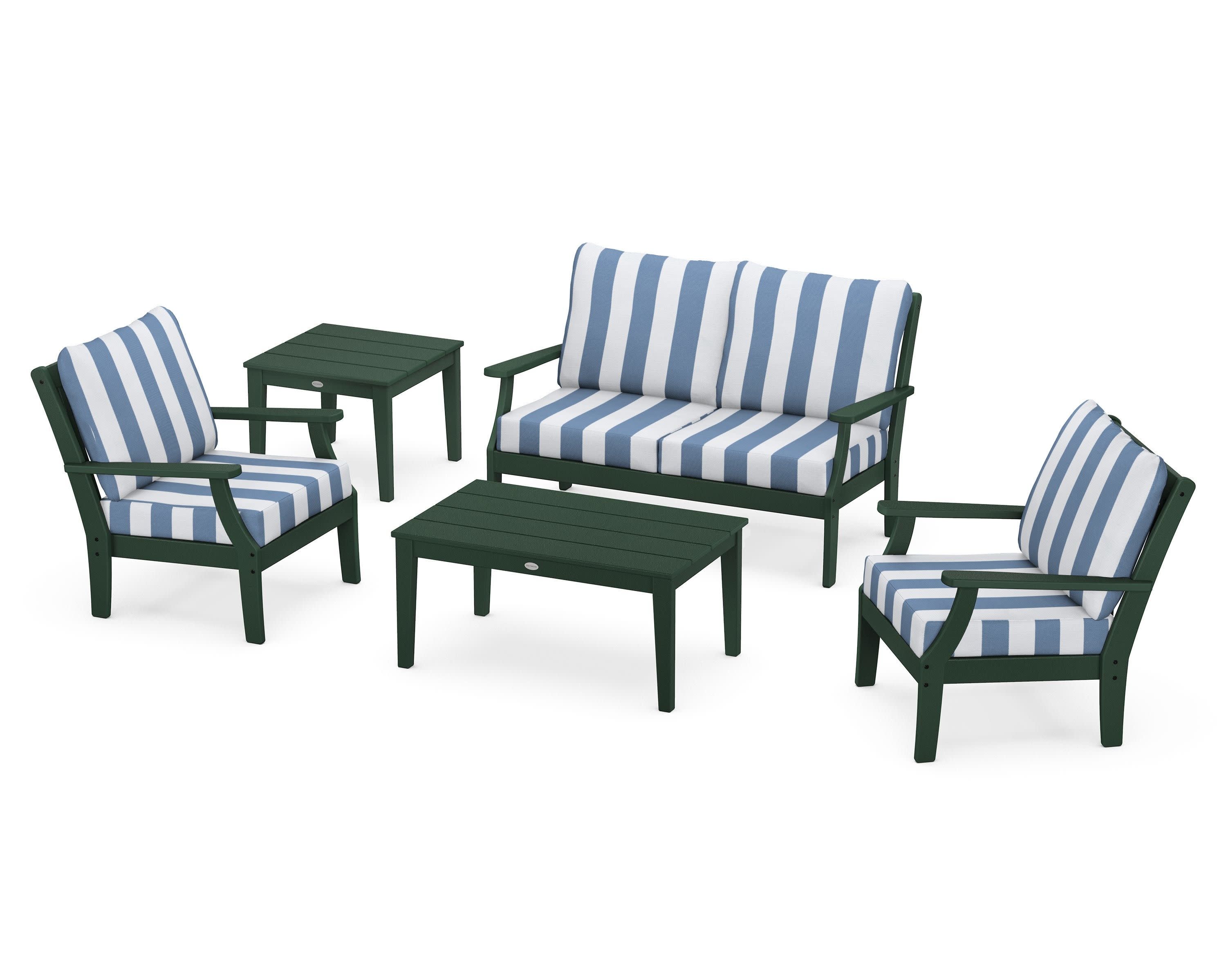Braxton 5-Piece Deep Seating Set in Green / Cabana Stripe Sky Blue