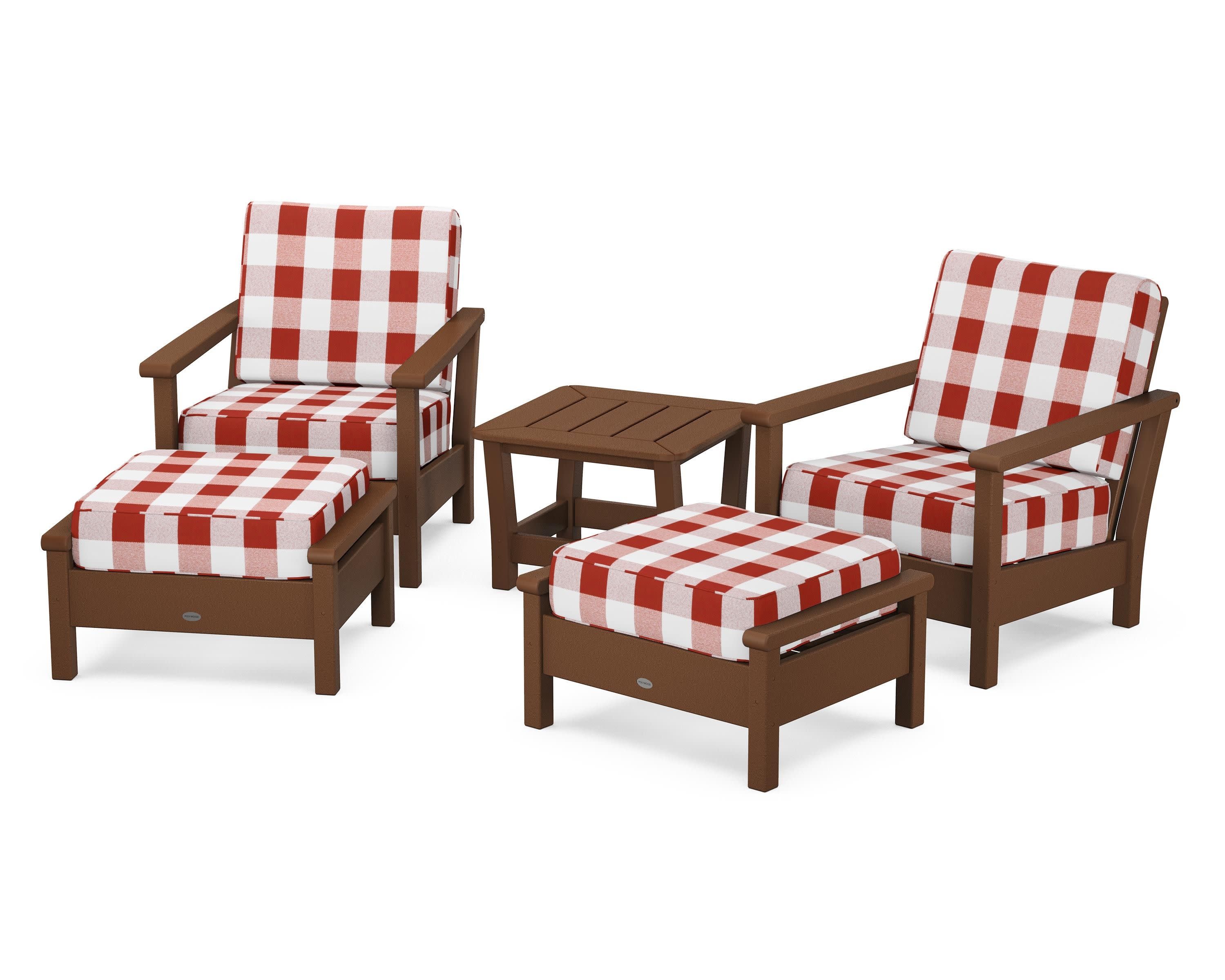Harbour 5-Piece Deep Seating Chair Set in Teak / Buffalo Plaid Crimson