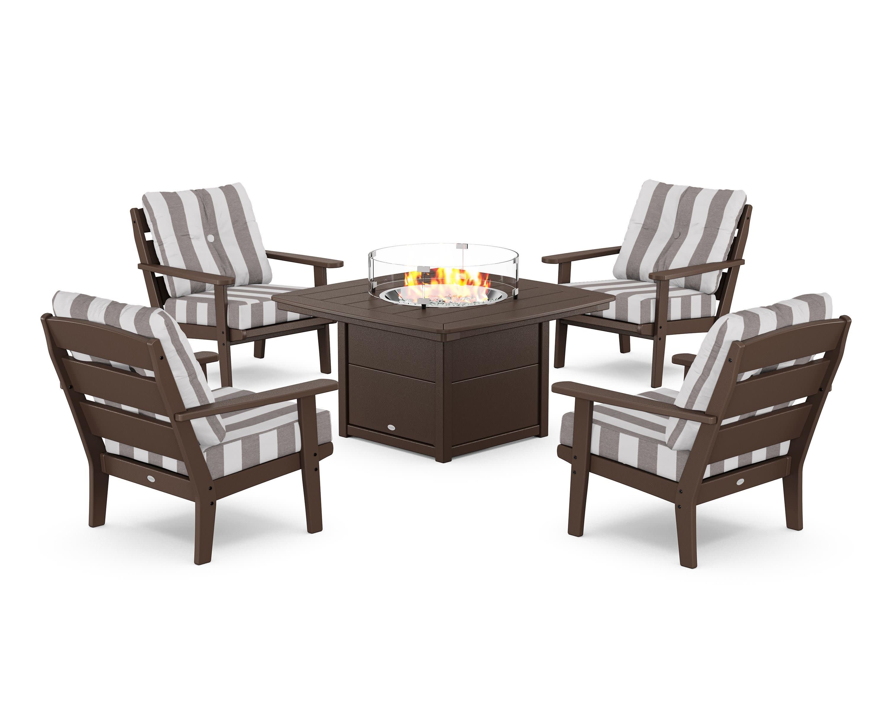 Lakeside 5-Piece Deep Seating Set with Nautical Fire Pit Table in Mahogany / Cabana Stripe Grey Mist