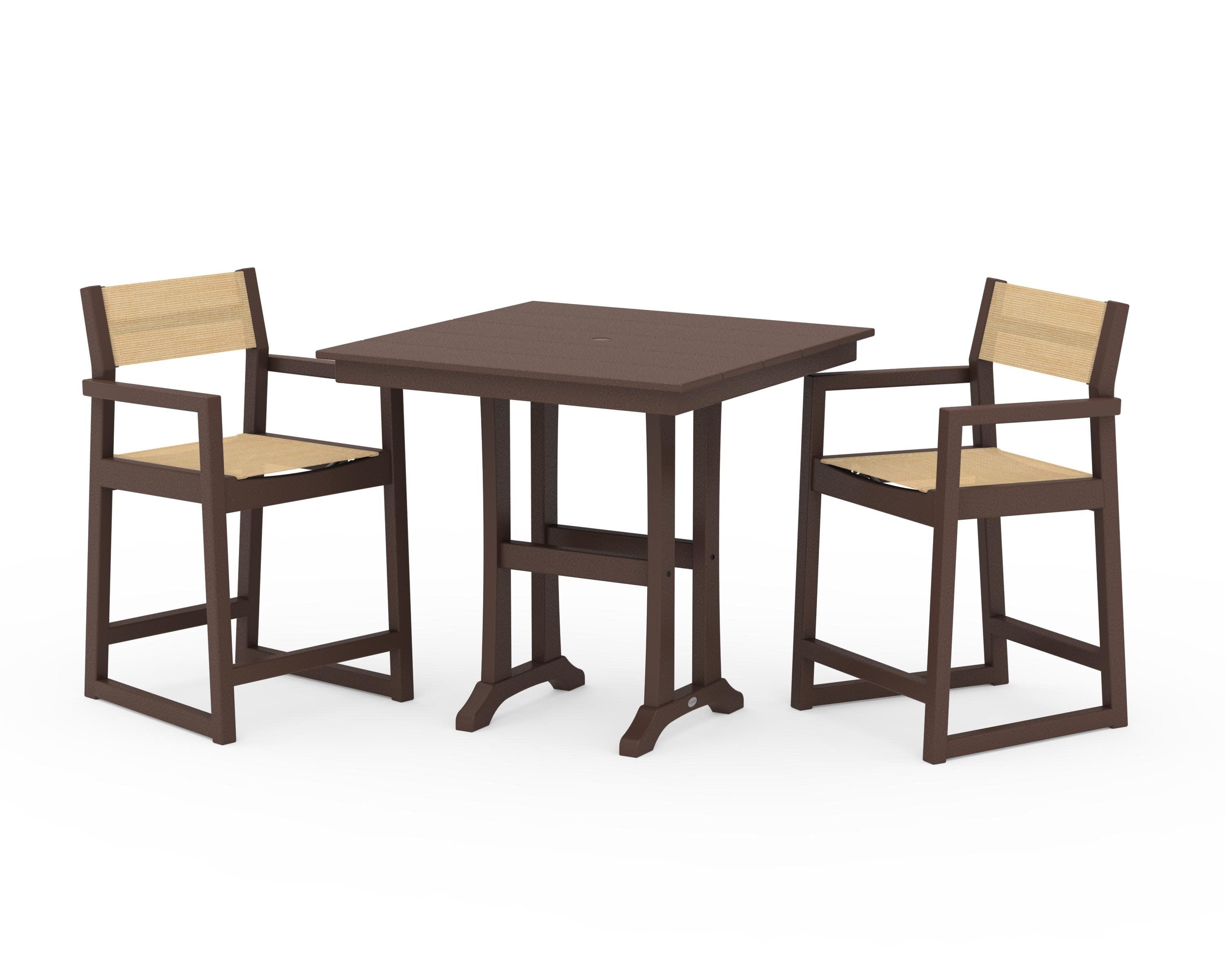 EDGE Sling Arm Chair 3-Piece Farmhouse Counter Set with Trestle Legs in Mahogany / Dupioni Apricot Sling