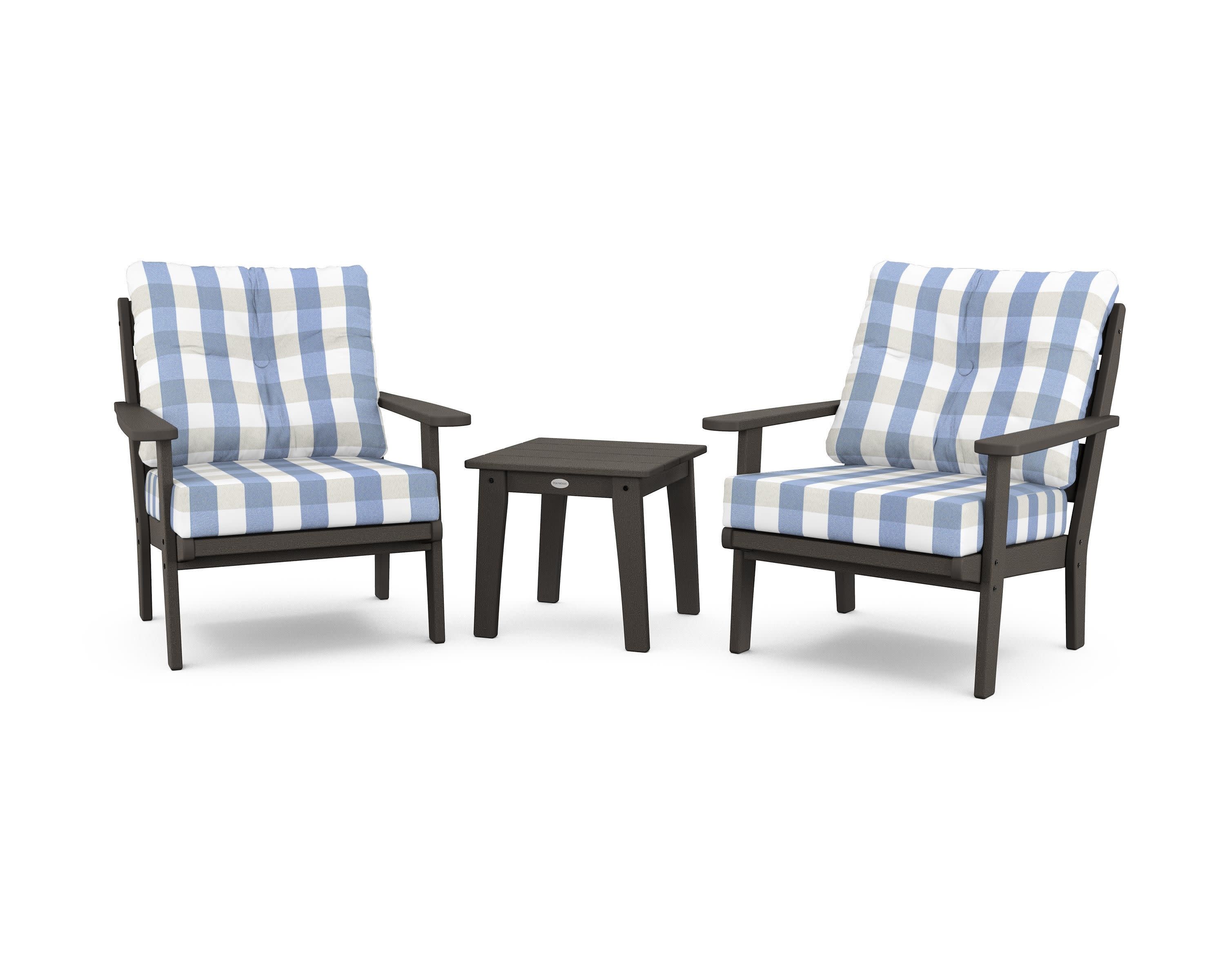 Lakeside 3-Piece Deep Seating Chair Set in Vintage Coffee / Buffalo Plaid Sky Blue