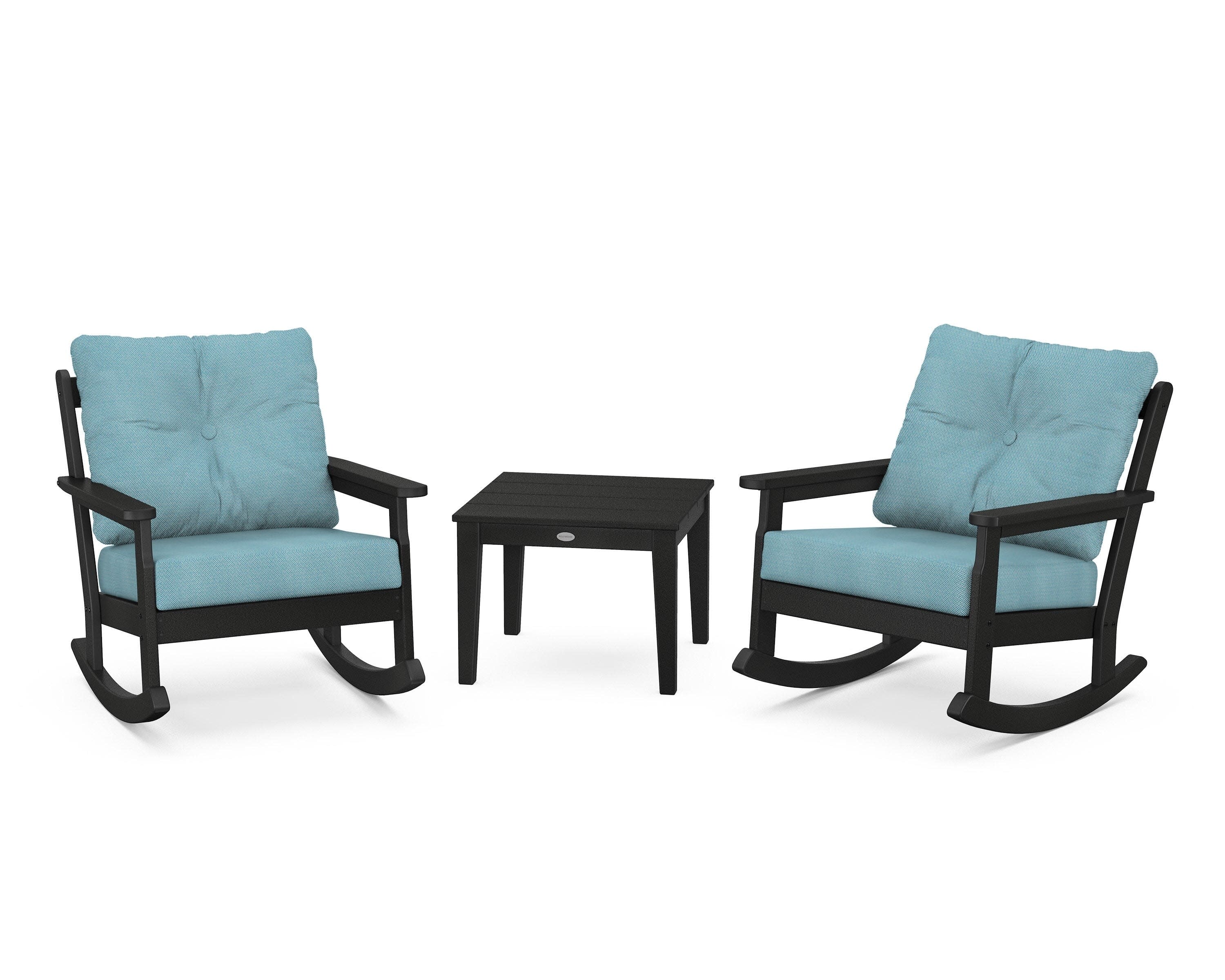 Vineyard 3-Piece Deep Seating Rocker Set in Black / Lattice Sky Blue