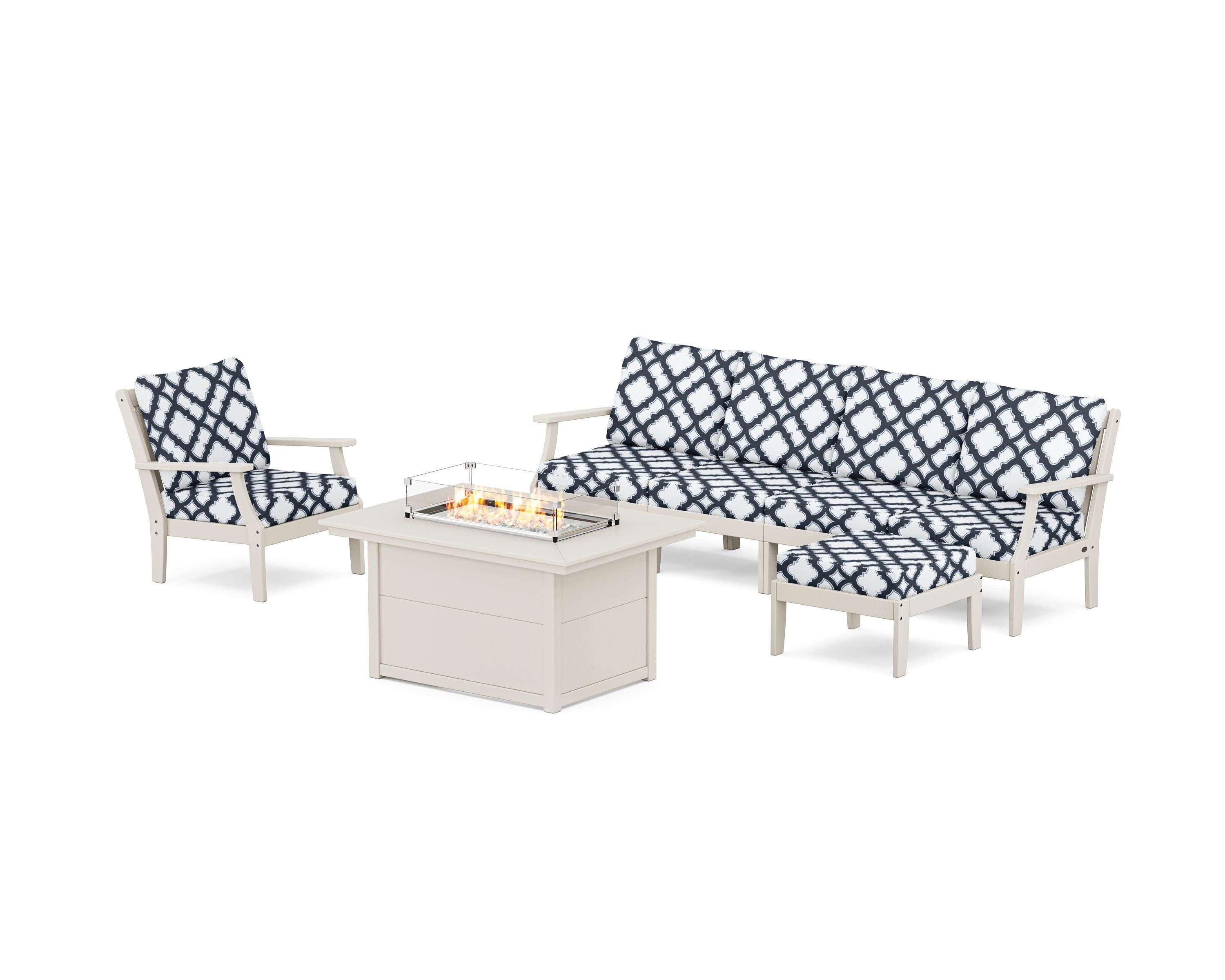 Braxton Sectional Lounge and Fire Pit Set in Sand / Trellis Marine Indigo