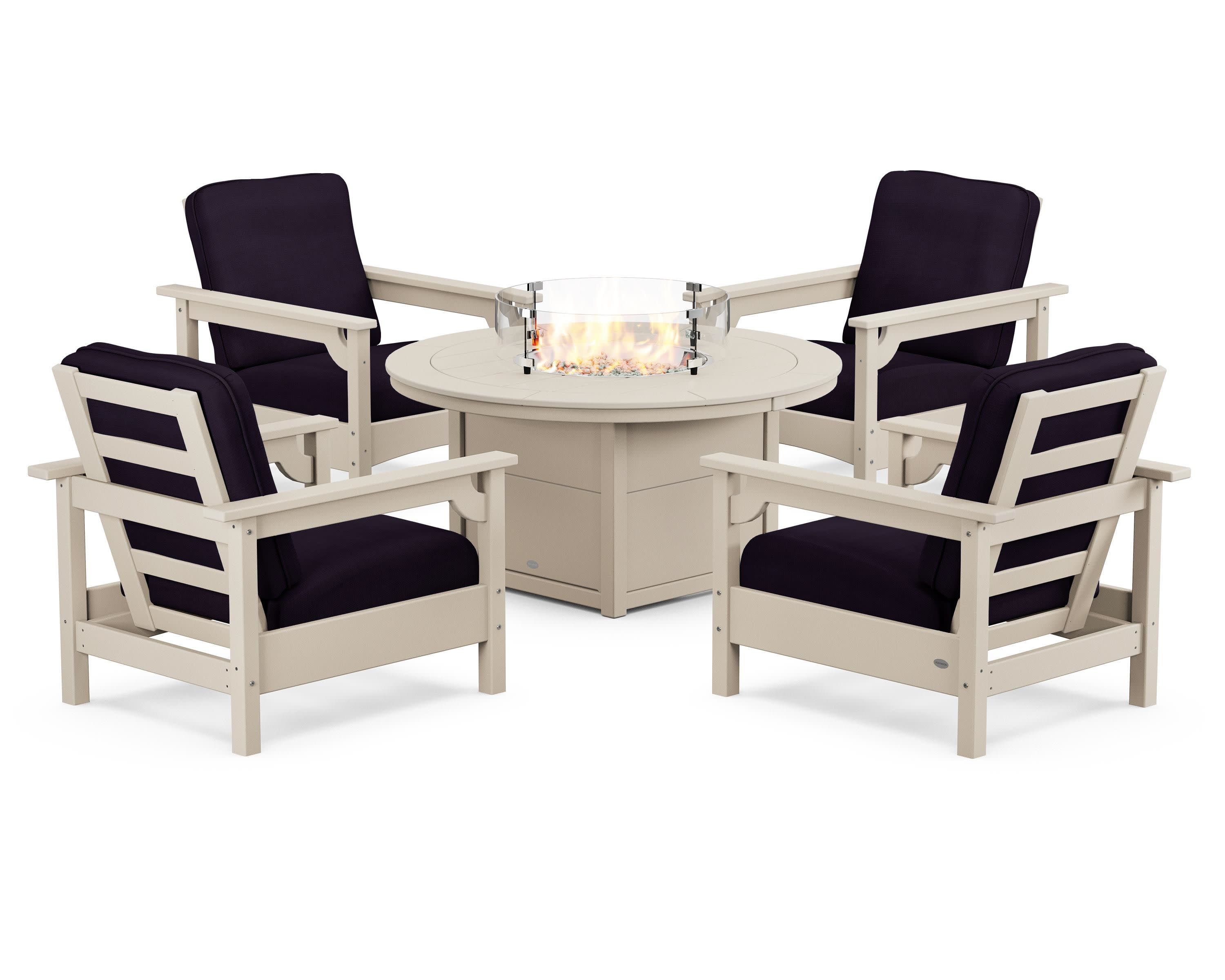 Club 5-Piece Conversation Set with Fire Pit Table in Sand / Navy Linen