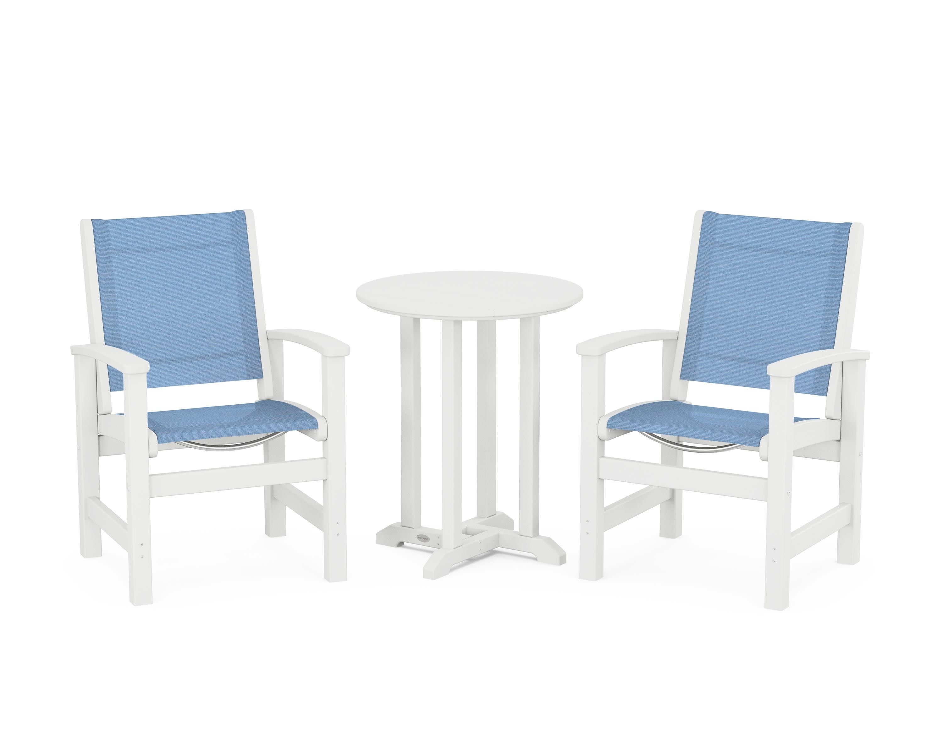 Coastal 3-Piece Round Bistro Dining Set in White / Poolside Sling