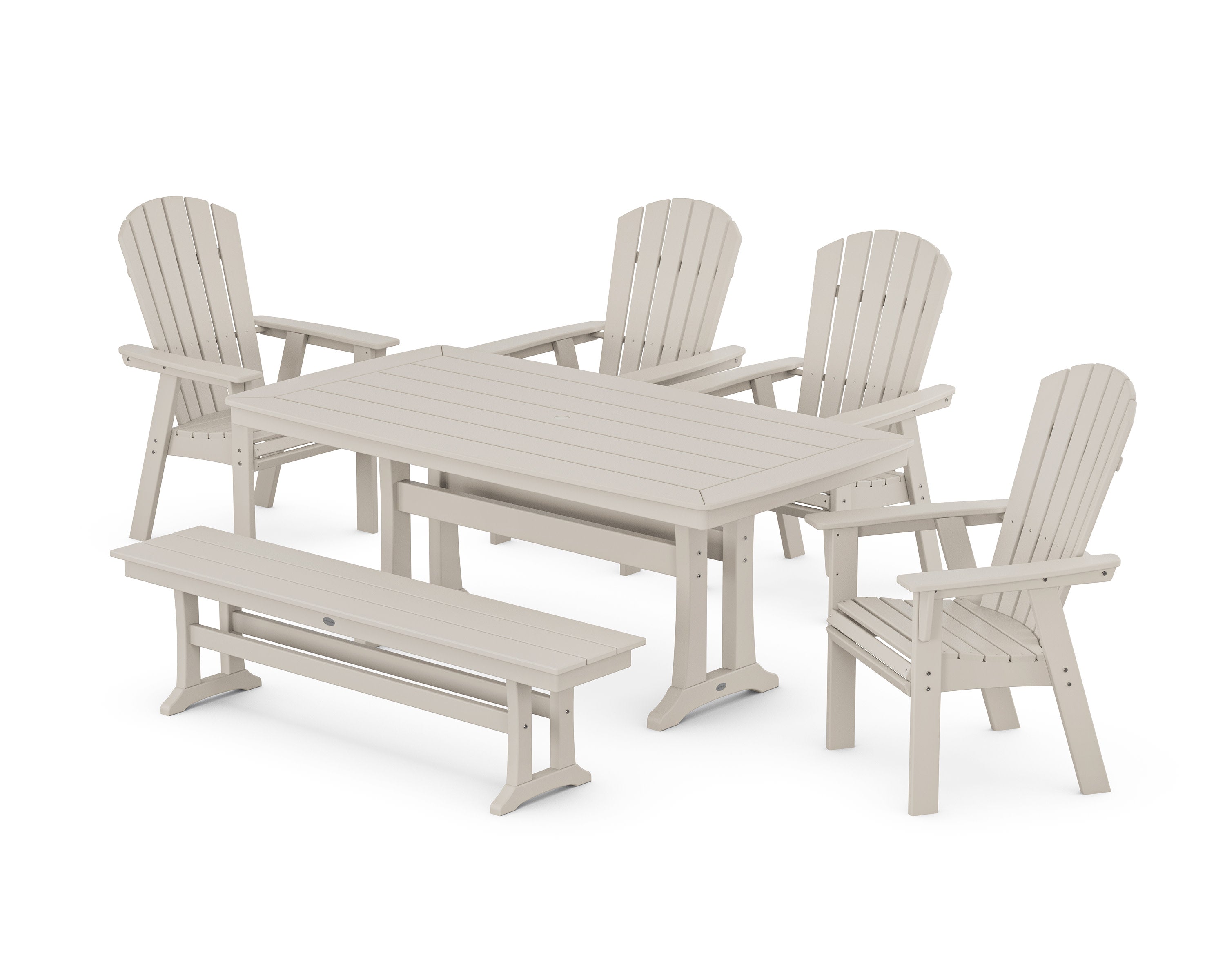Nautical Curveback Adirondack 6-Piece Dining Set with Trestle Legs and Bench in Sand
