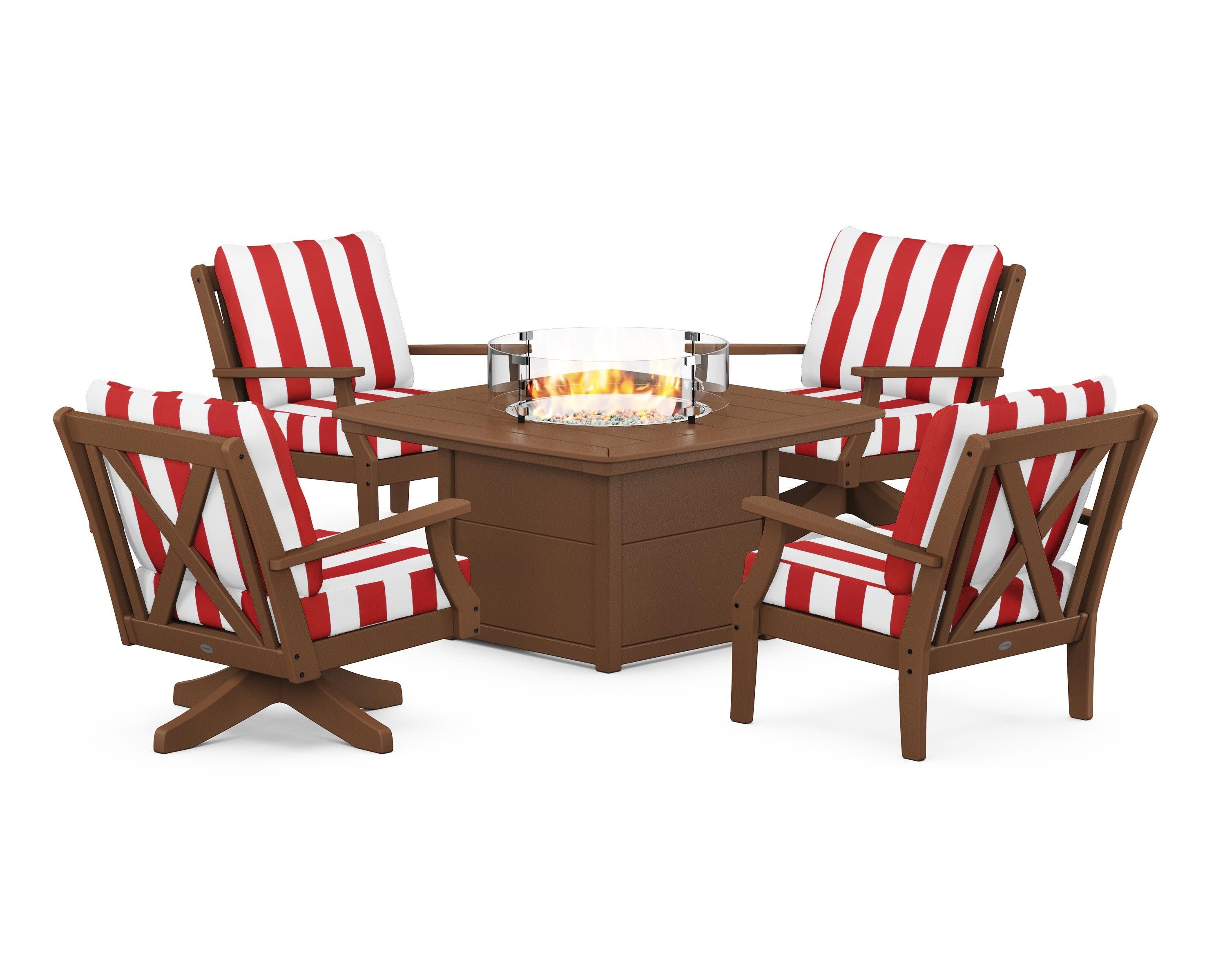 Braxton 5-Piece Deep Seating Set with Fire Table in Teak / Cabana Stripe Crimson