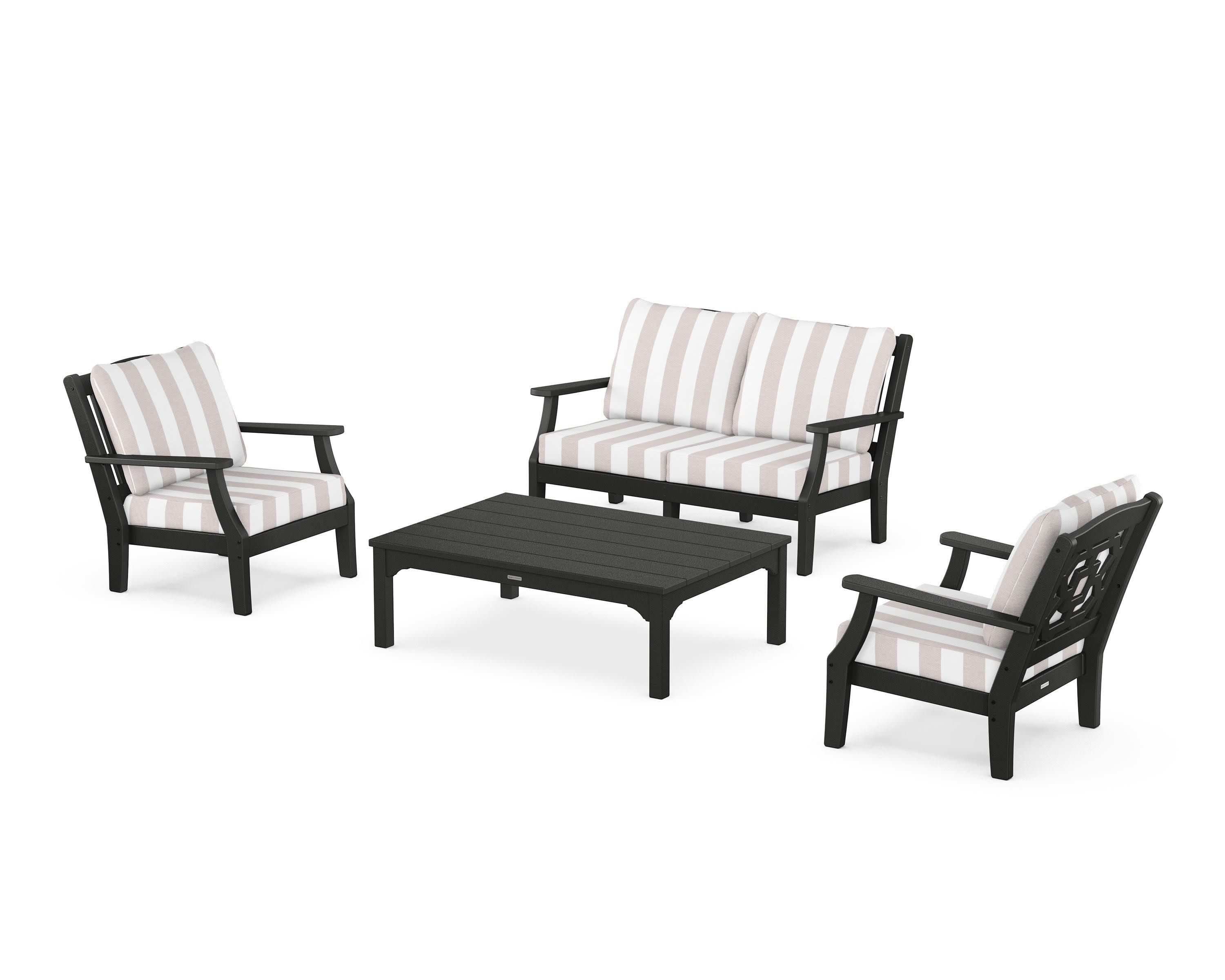 Chinoiserie 4-Piece Deep Seating Set with Loveseat in Black / Cabana Stripe Dune Burlap