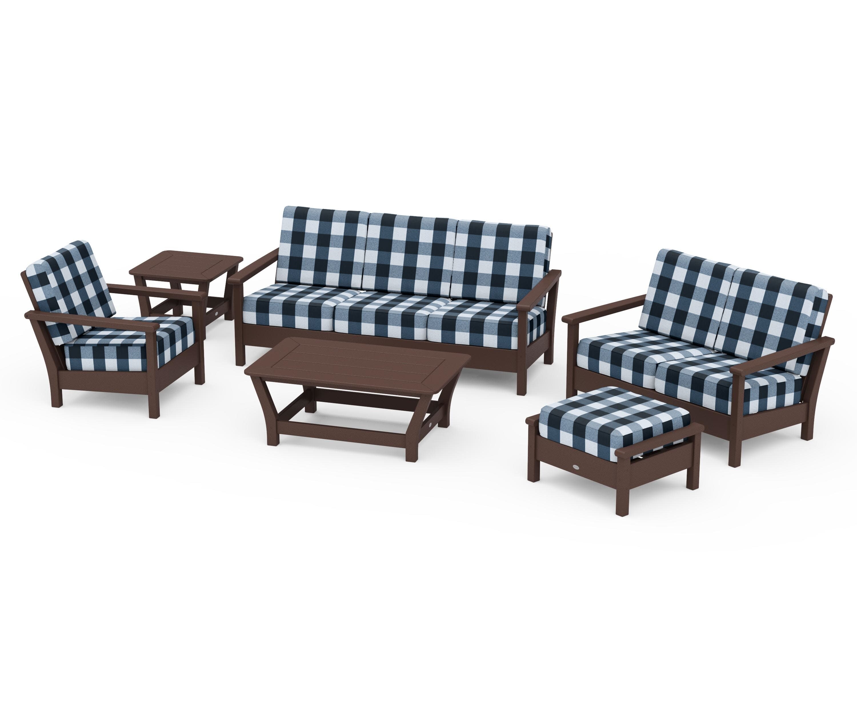 Harbour 6-Piece Outdoor Living Set in Mahogany / Buffalo Plaid Marine Indigo