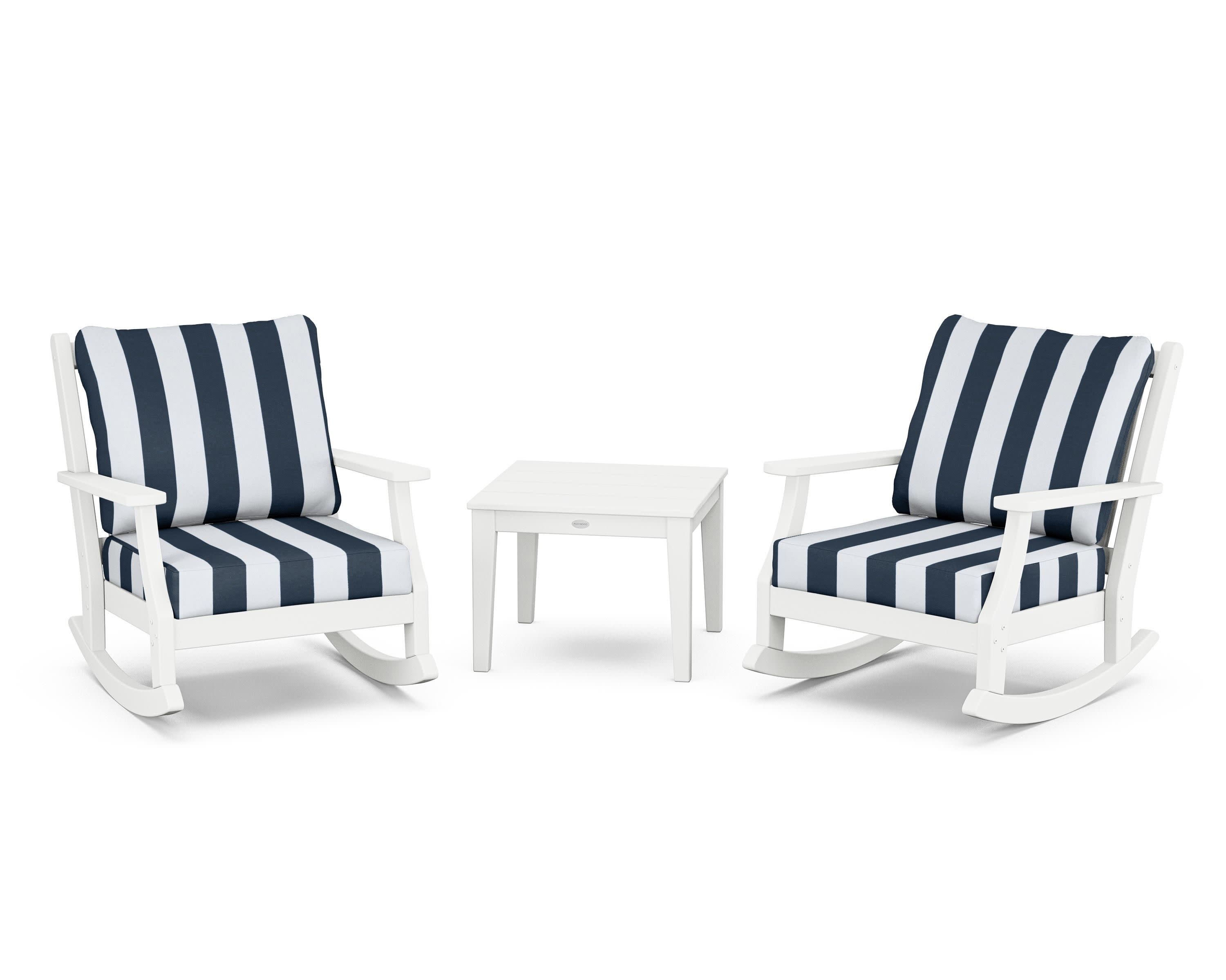 Wovendale 3-Piece Deep Seating Rocker Set in White / Cabana Stripe Marine Indigo