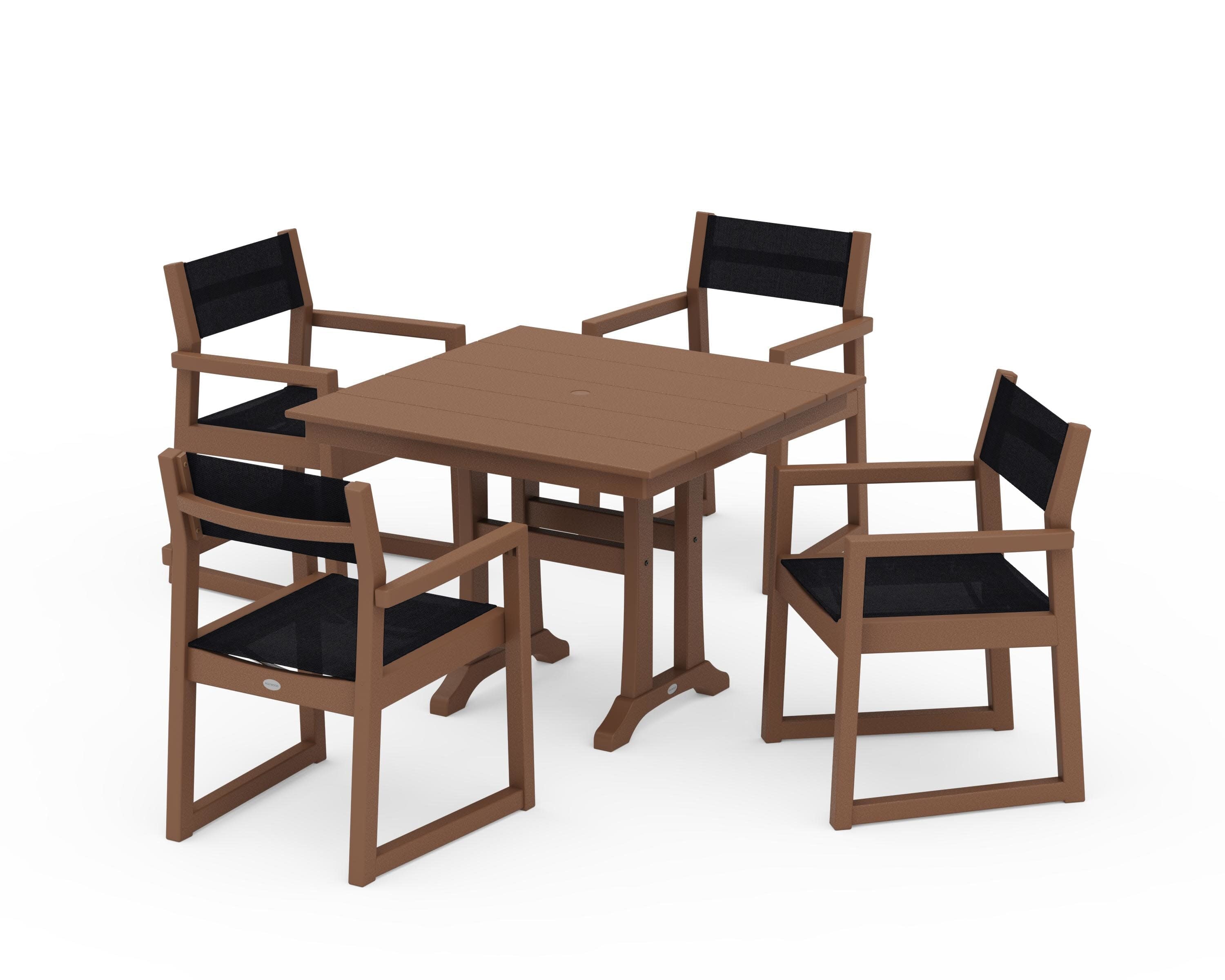 EDGE Sling 5-Piece Farmhouse Dining Set with Trestle Legs in Teak / Black Sling