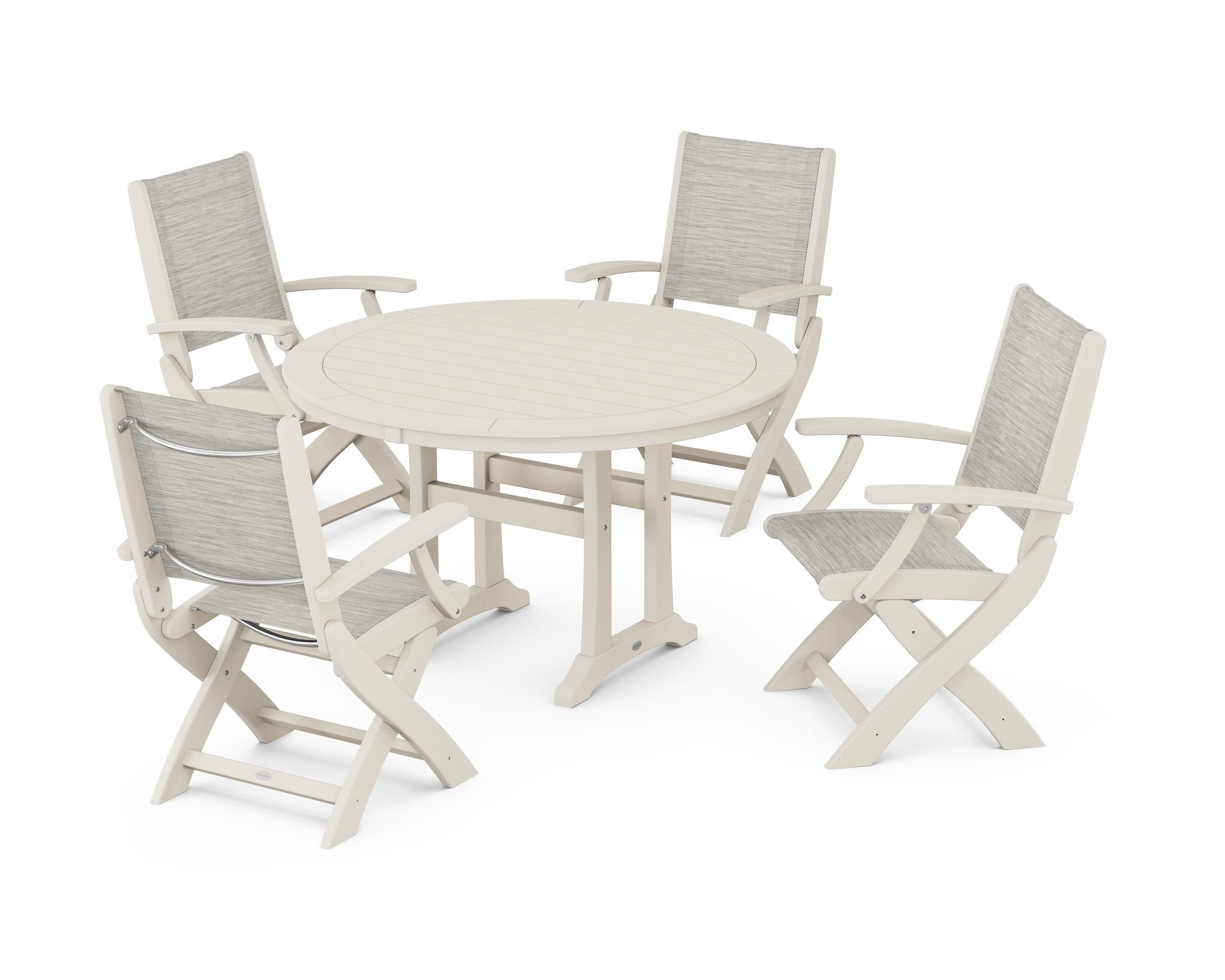 Coastal Folding Chair 5-Piece Round Dining Set with Trestle Legs in Sand / Birch Sling
