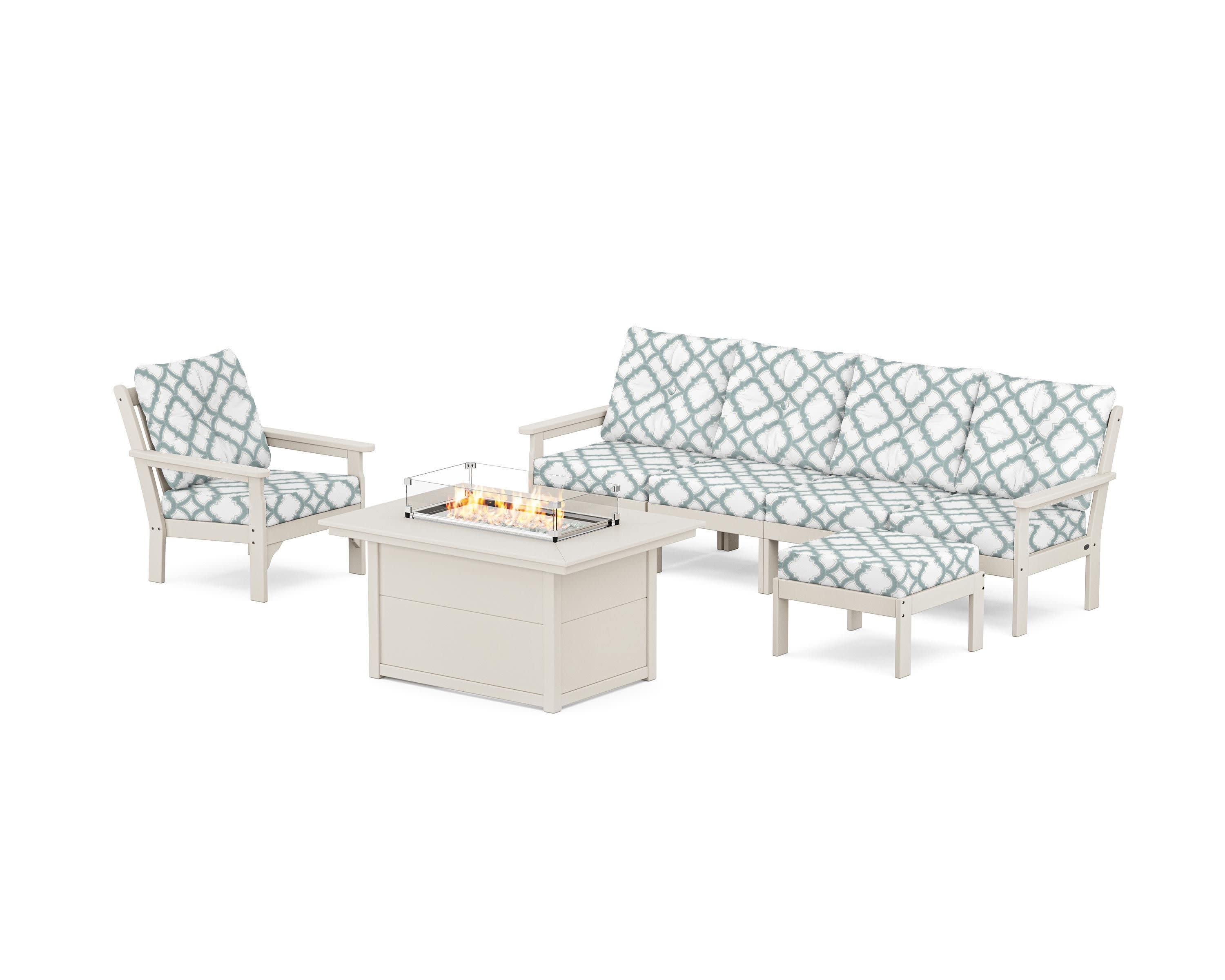 Vineyard Sectional Lounge and Fire Pit Set in Sand / Trellis Glacier Spa