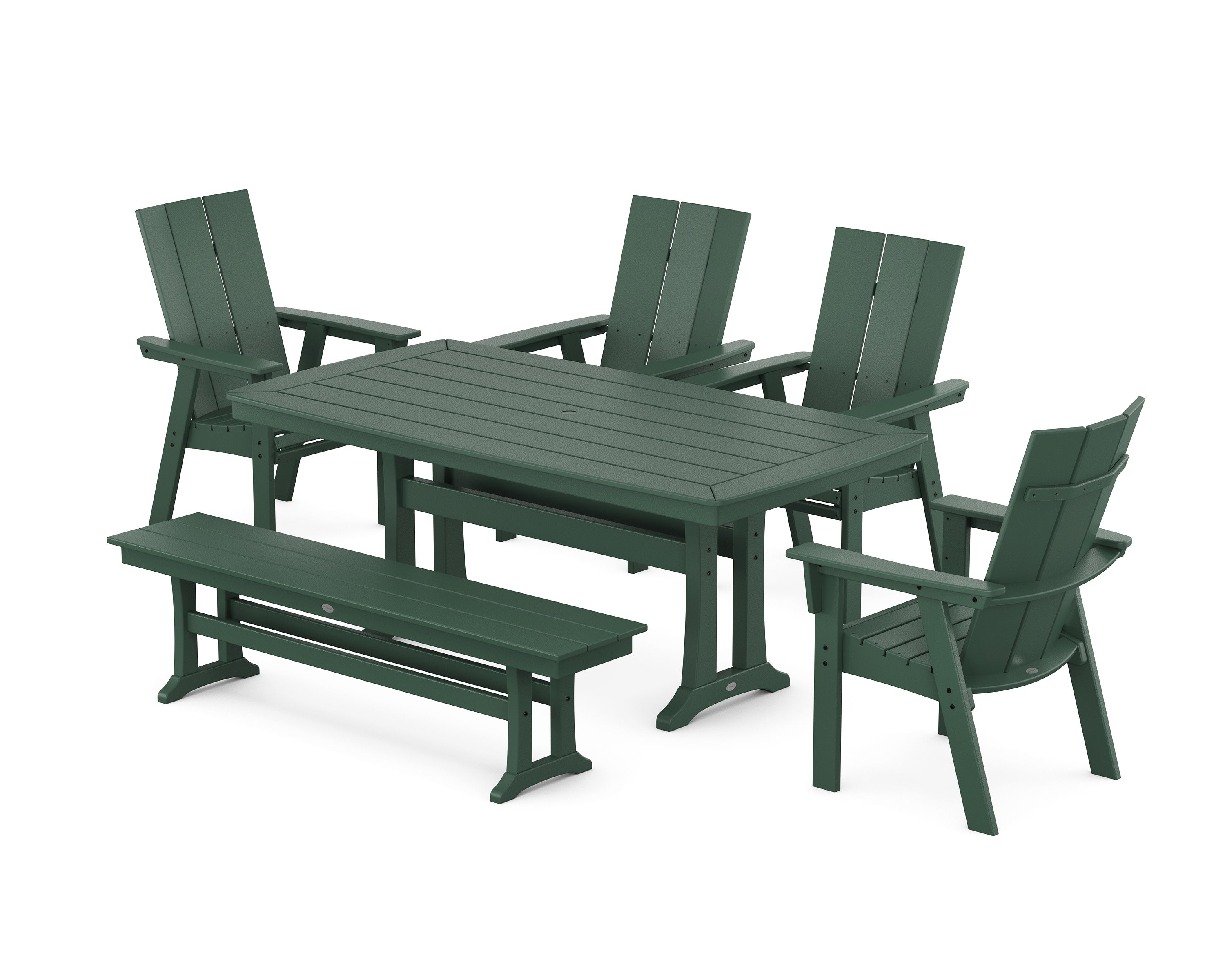 Modern Curveback Adirondack 6-Piece Farmhouse Dining Set with Trestle Legs and Bench in Green