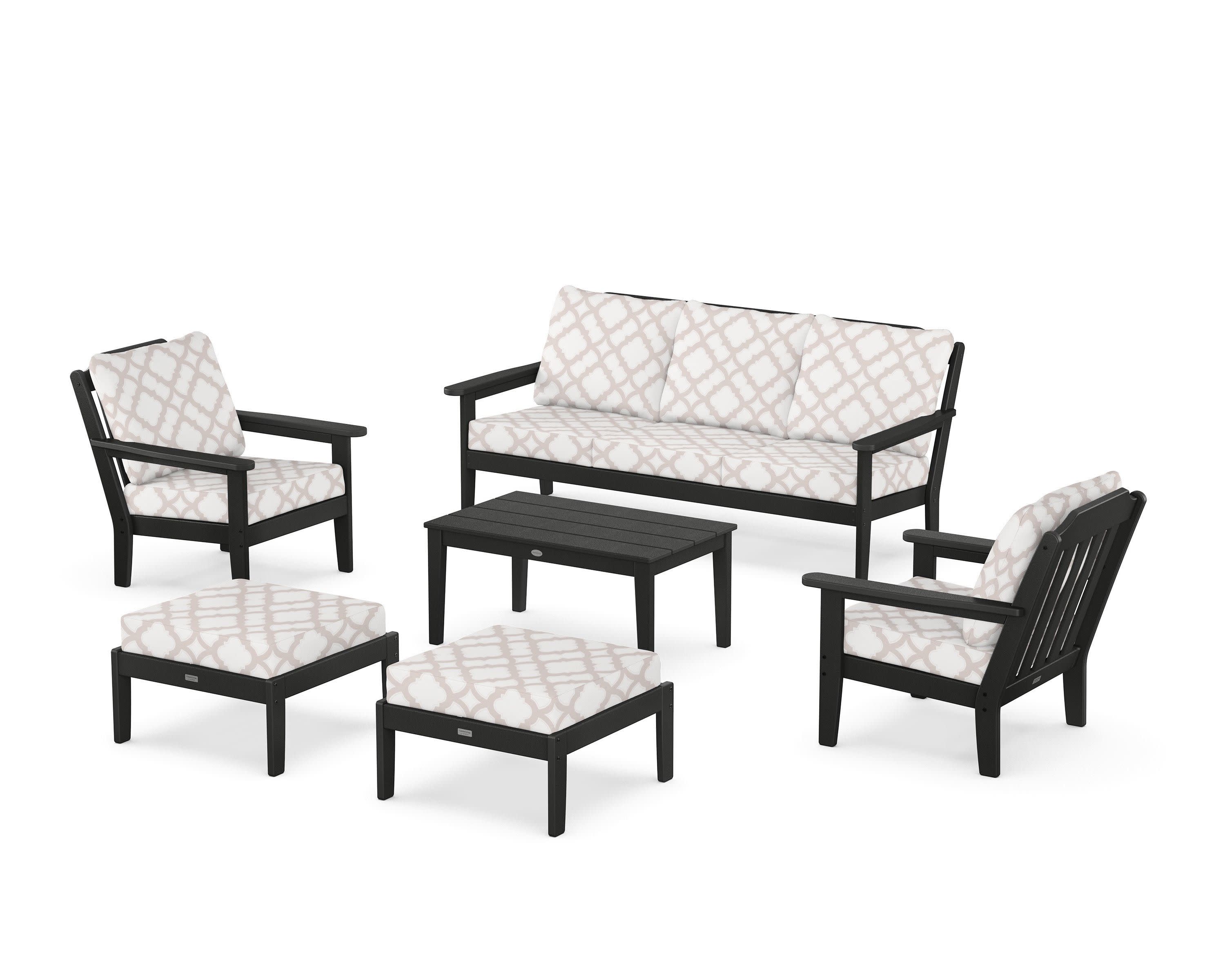 Cottage 6-Piece Lounge Sofa Set in Black / Trellis Dune Burlap