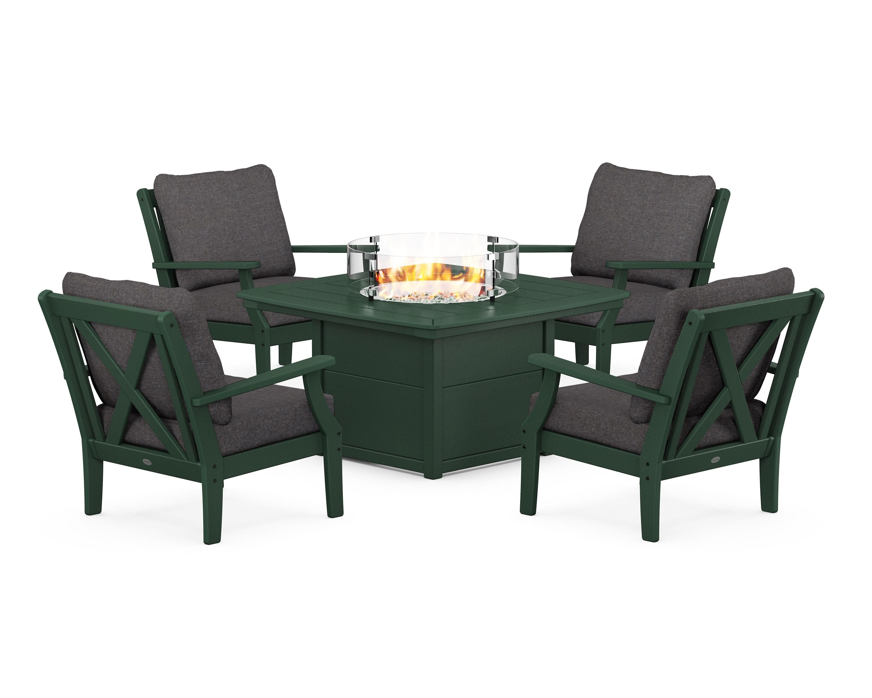 Braxton 5-Piece Deep Seating Conversation Set with Fire Pit Table in Green / Ash Charcoal
