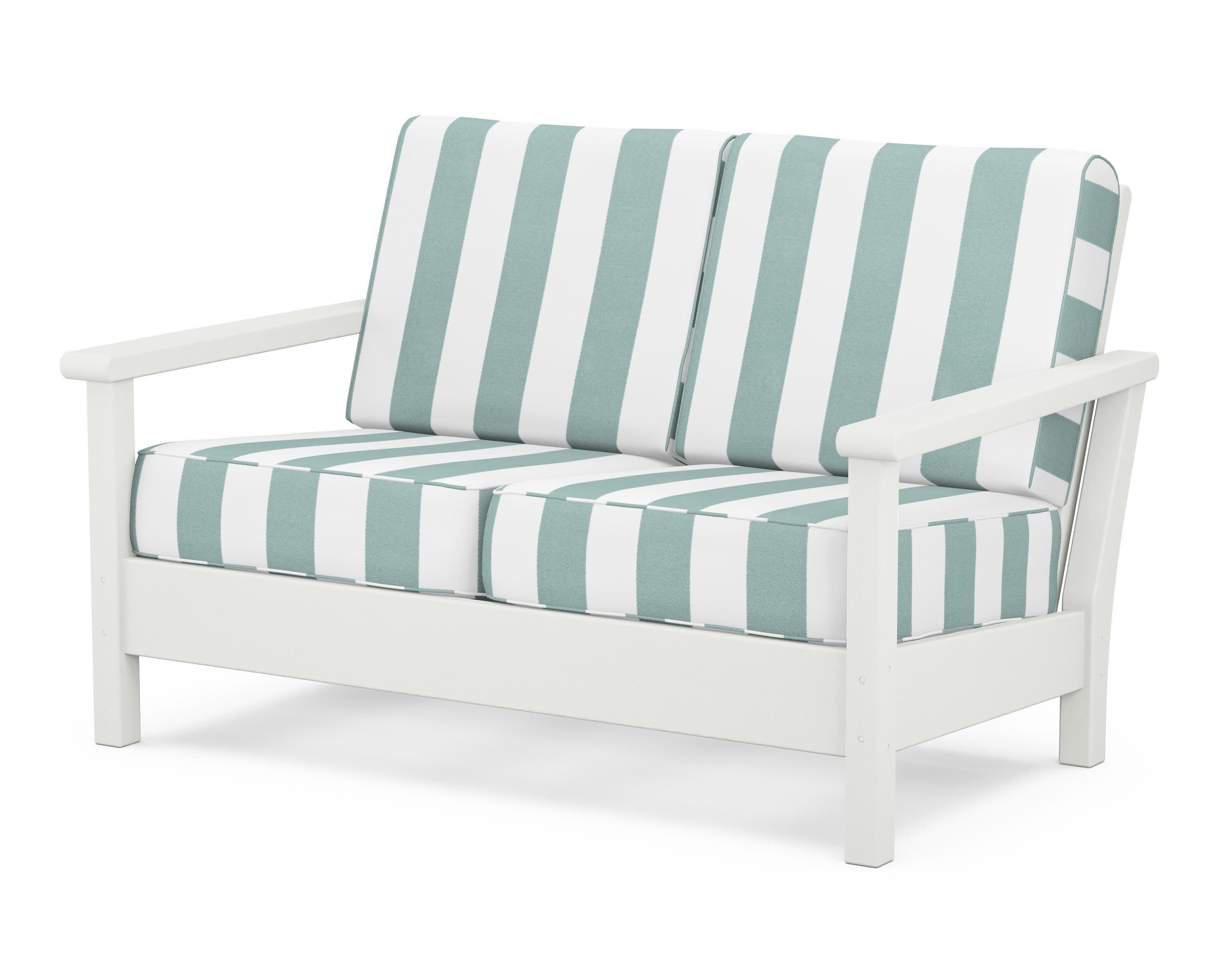 Harbour Deep Seating Loveseat in Vintage White / Cabana Stripe Glacier Spa