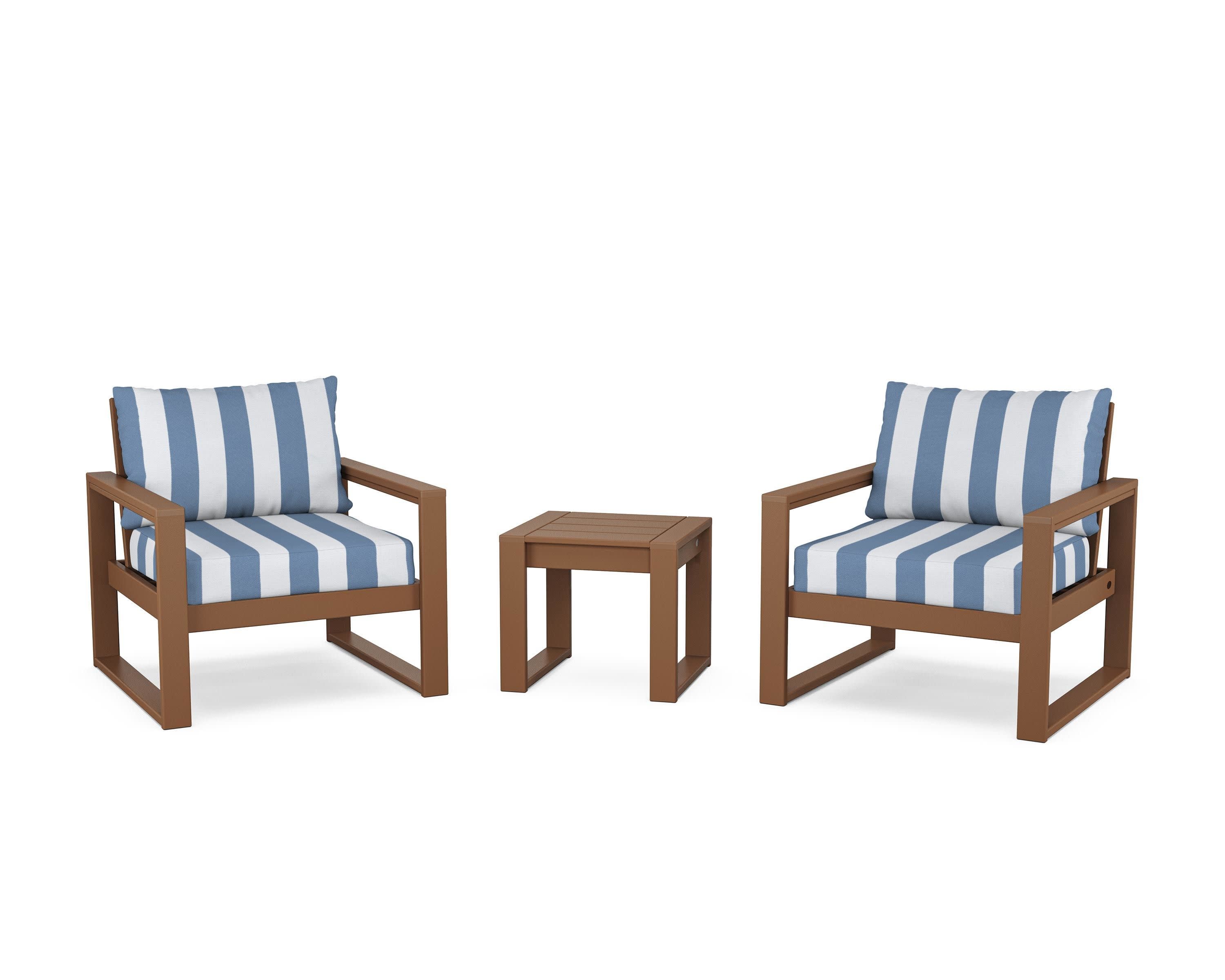 EDGE Sectional 3-Piece Deep Seating Set in Teak / Cabana Stripe Sky Blue