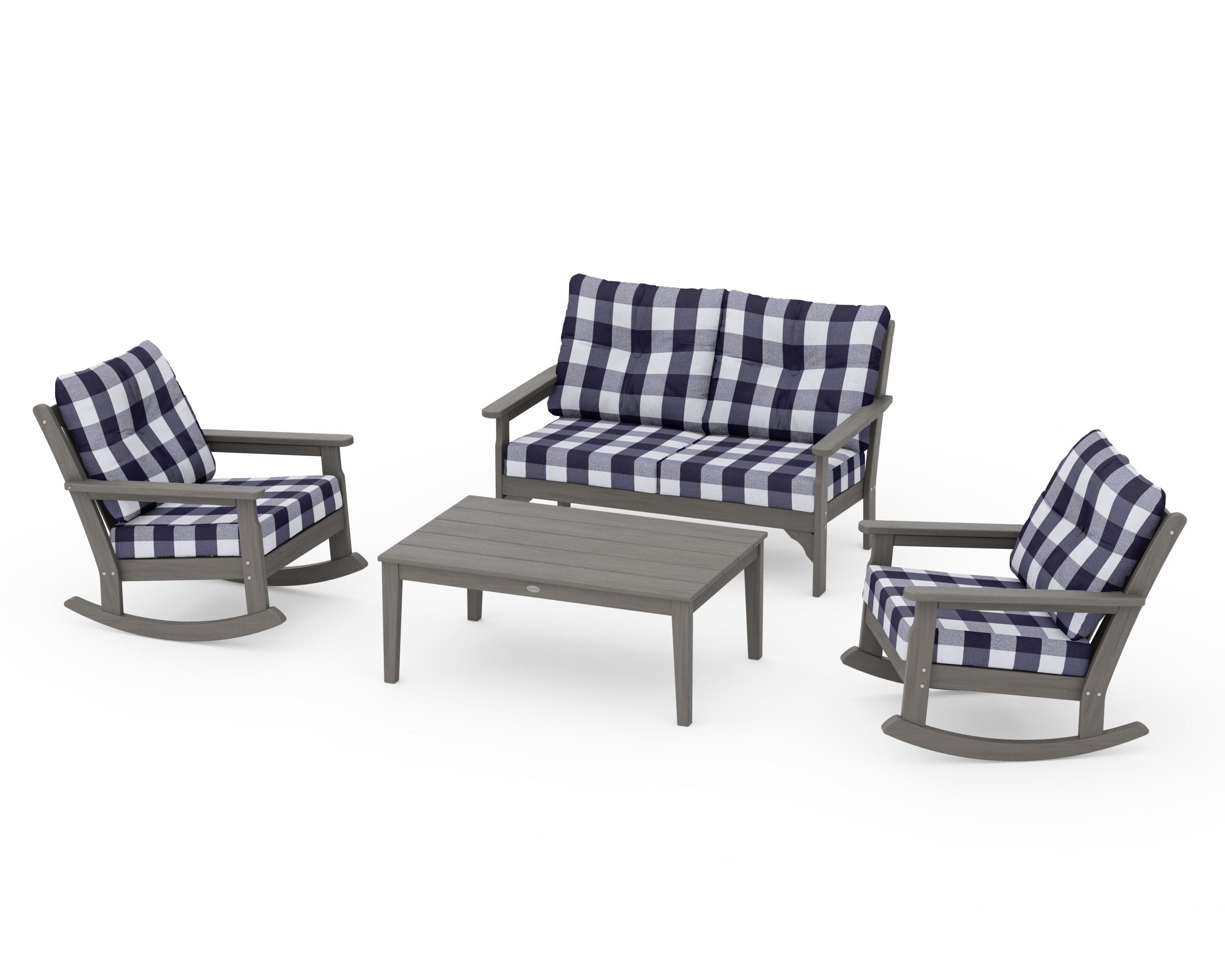 Vineyard 4-Piece Deep Seating Rocking Chair Set in Driftwood / Buffalo Plaid Navy