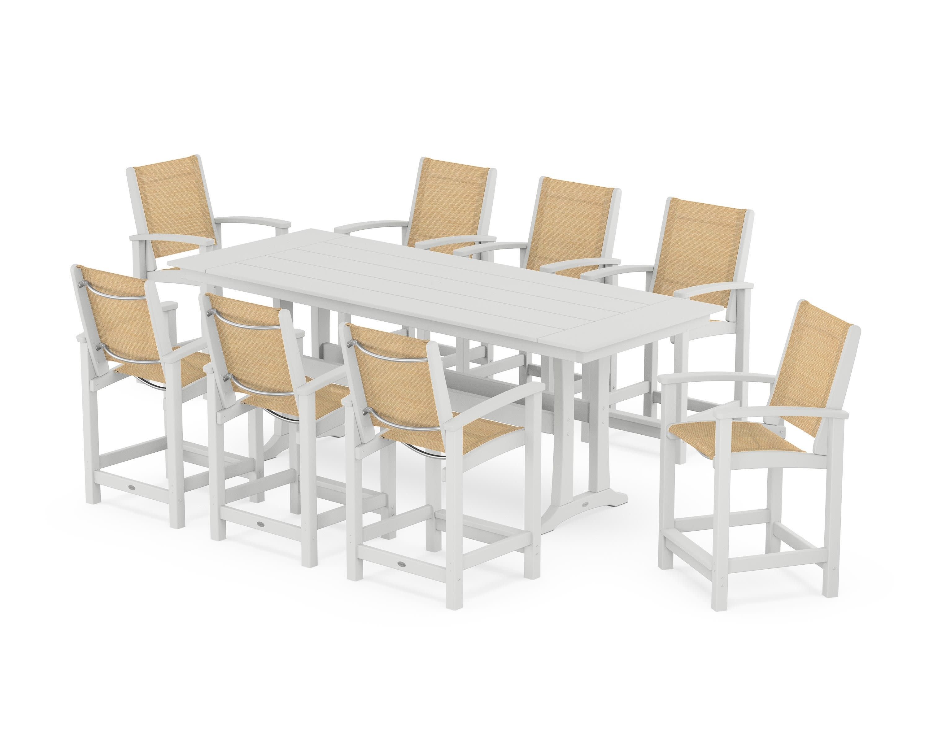 Coastal 9-Piece Farmhouse Counter Set with Trestle Legs in White / Dupioni Apricot Sling