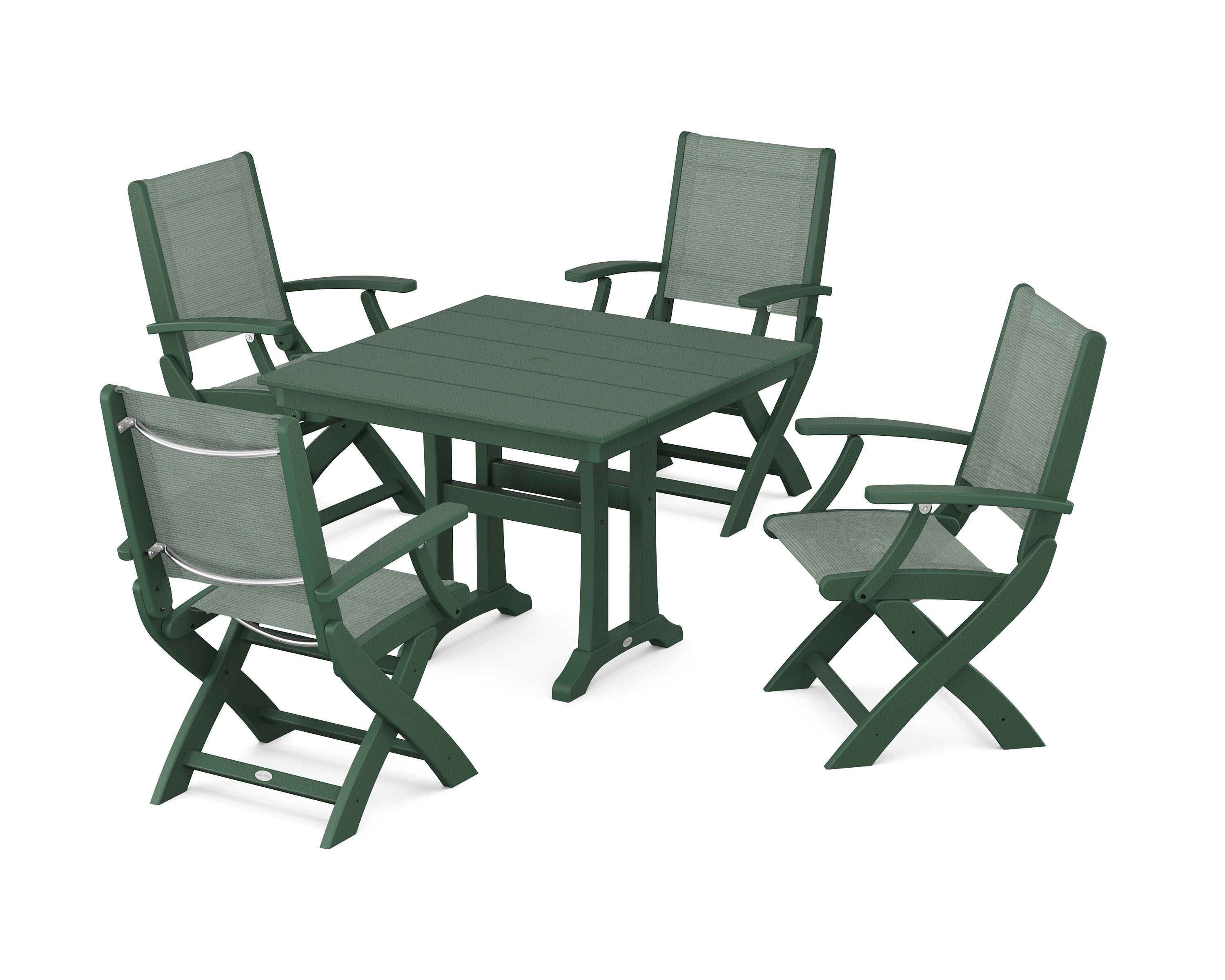 Coastal Folding Chair 5-Piece Farmhouse Dining Set With Trestle Legs in Green / Dupioni Sea Mist Sling
